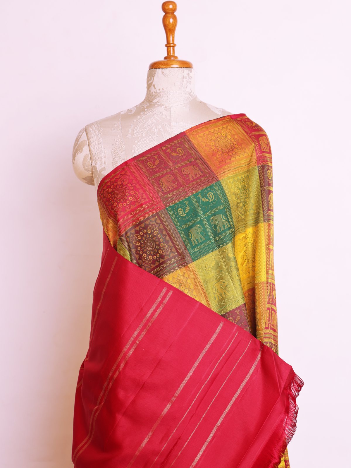 Multicolour Checked Threadwork Kanjeevaram Silk Saree