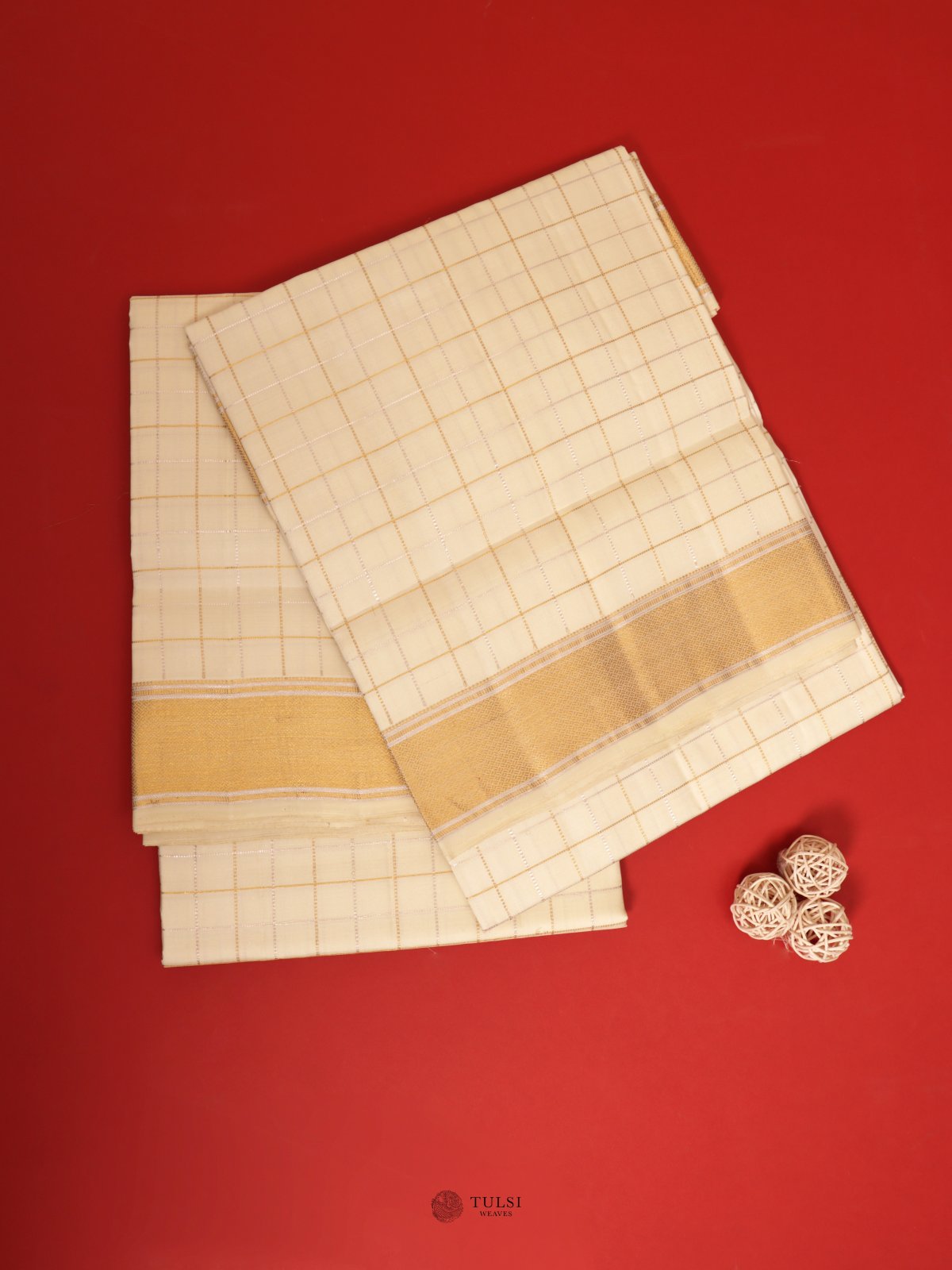 White Checked Silk Dhoti and Vasthram with Zari Border