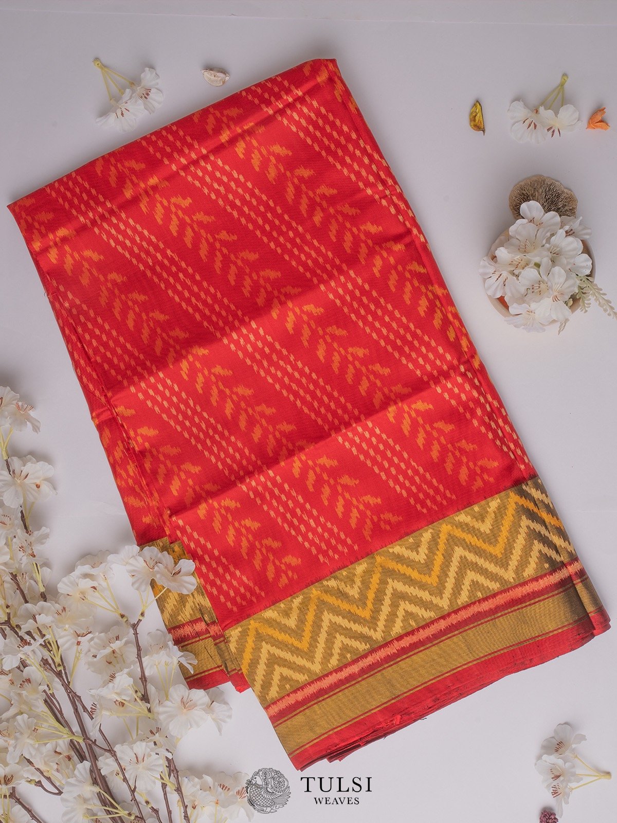 Red Patola Silk Saree with green tissue border