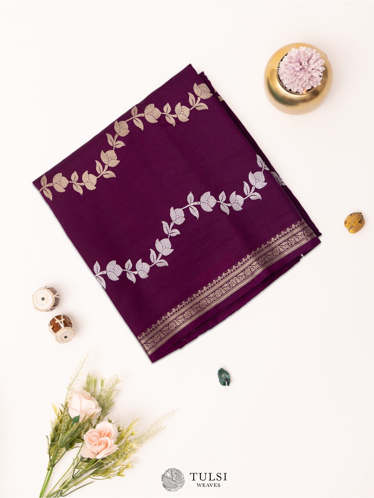 Deep Burgundy Mashru Silk Saree with Small Zari Border