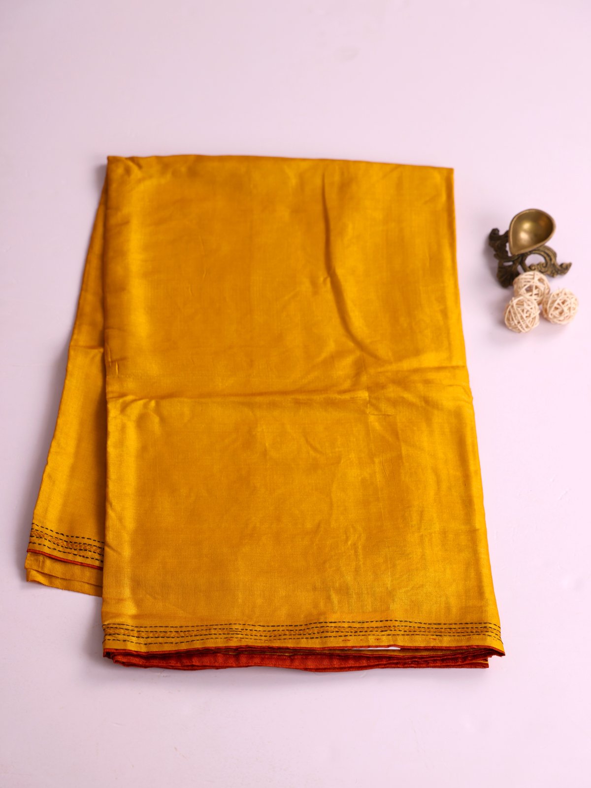 Mustard Yellow Tussar Silk Saree With Kantha Embroidery