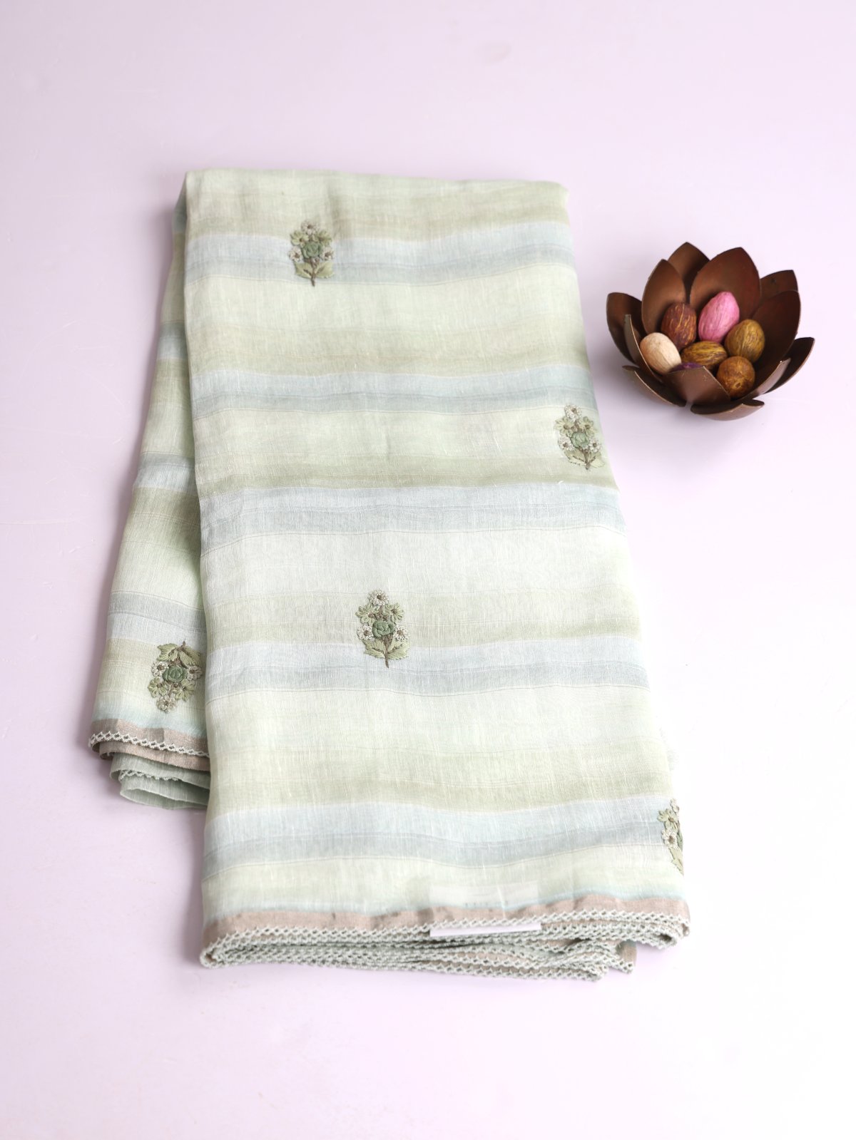 Pastel Green Striped Linen Saree with Embroidery