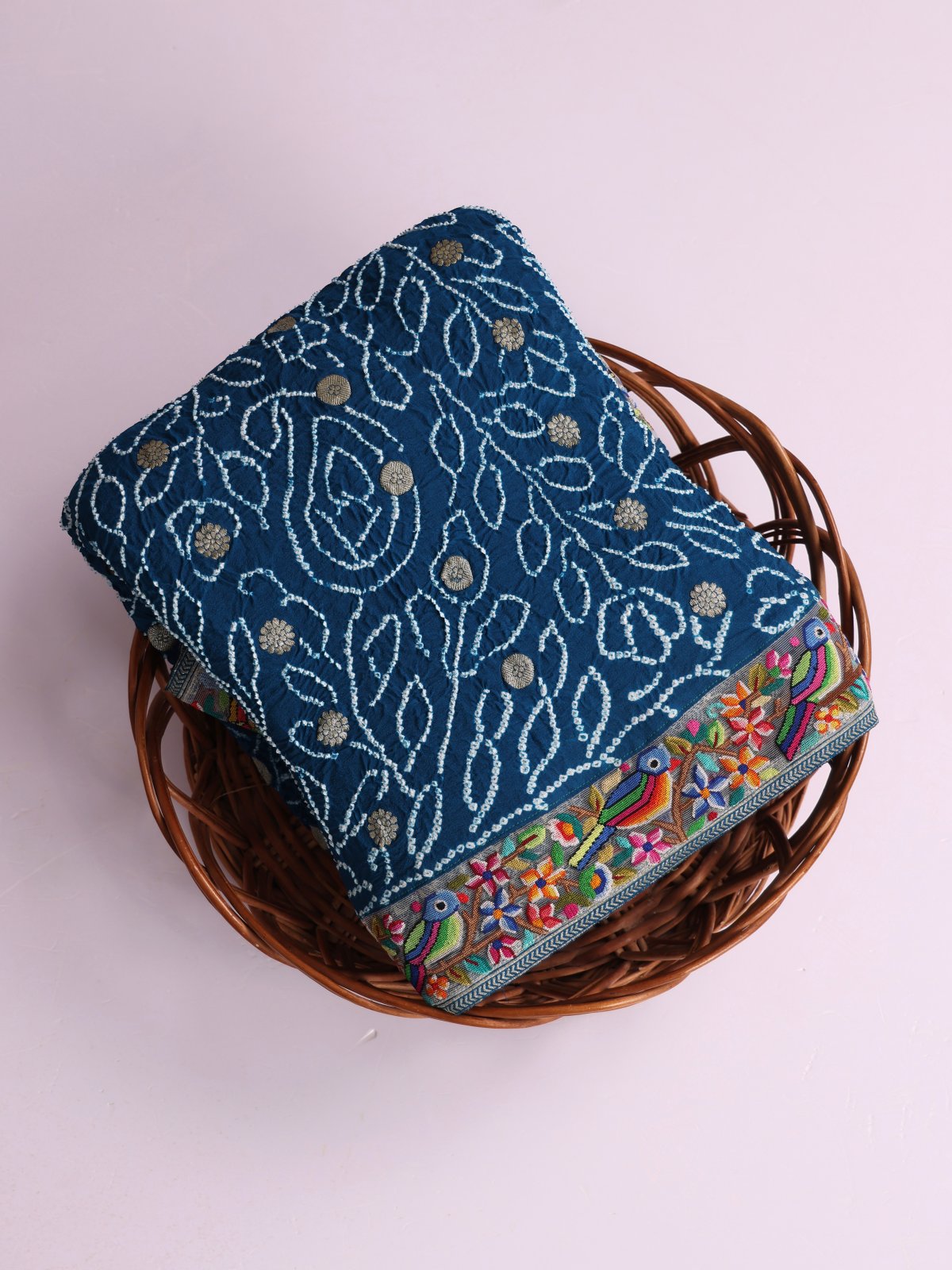 Peacock Blue Bandhini Georgette Silk Saree With Petite Embroidered Border