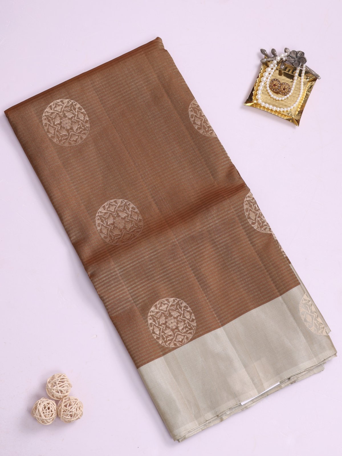 Brown Soft Silk Tussar Saree With Greige Border