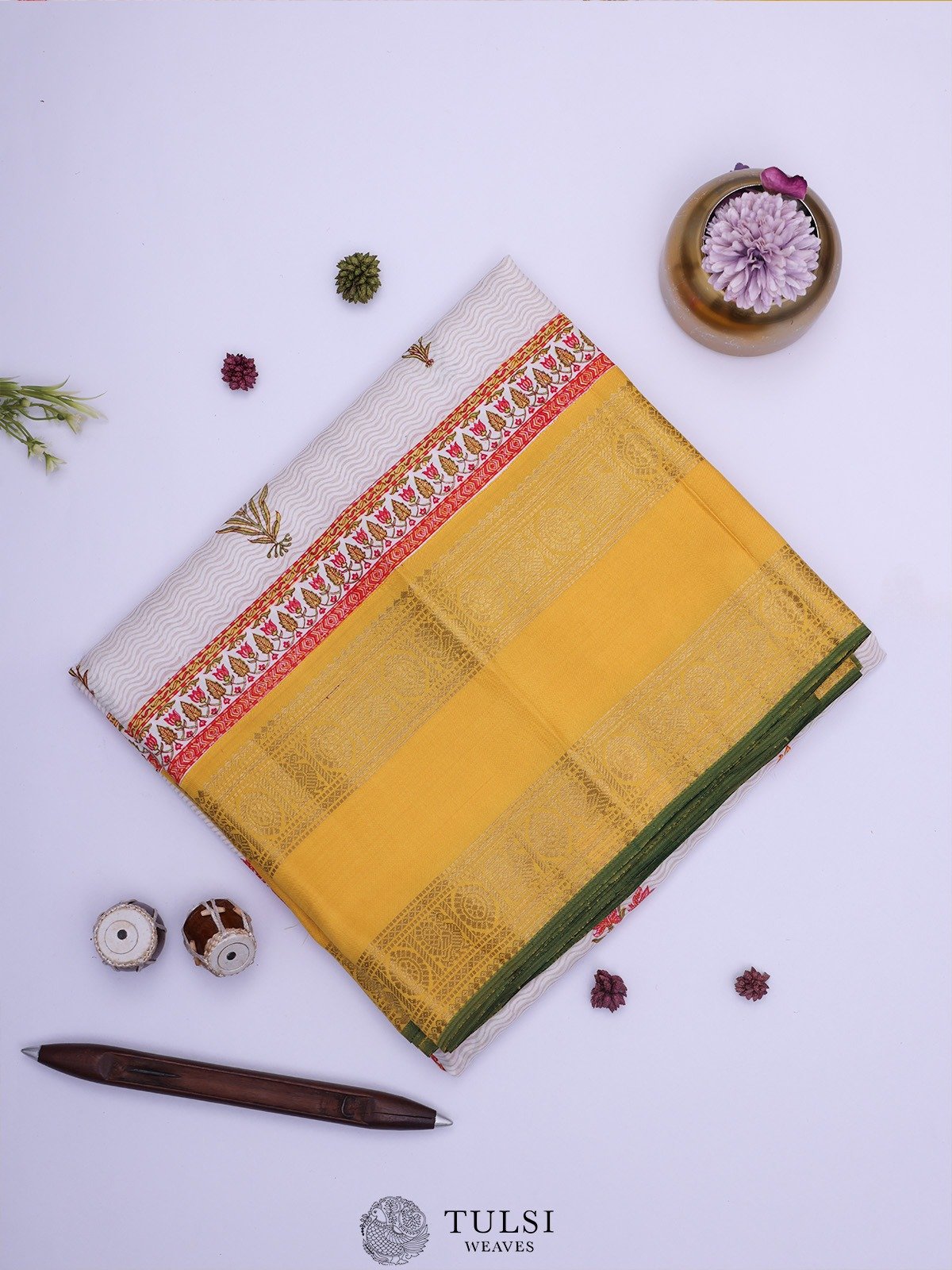 Off-White Blockprint Kanjeevaram Silk Saree with Mustard Border