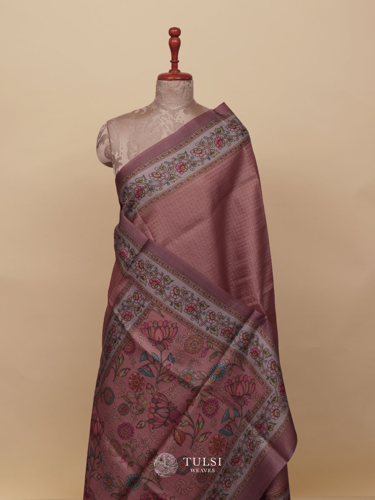 Dusty Pink Printed Tussar Silk Saree