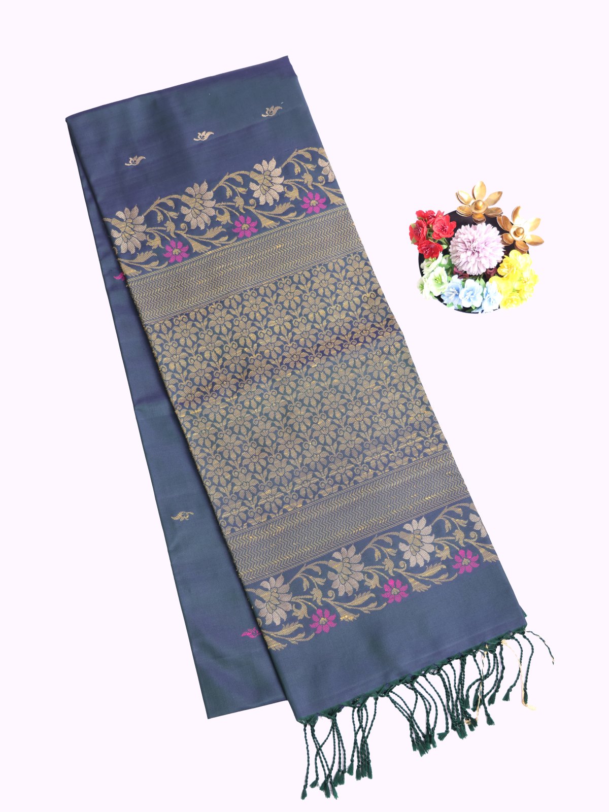 Dark Peacock Blue Green Soft Silk Saree