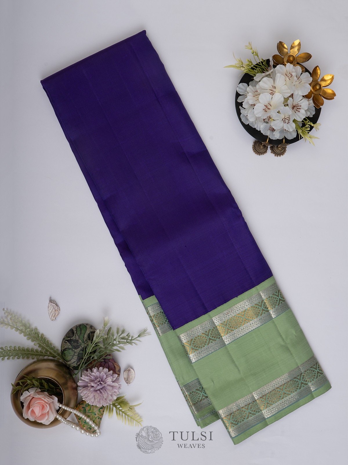 Purple Kanchipuram Silk Saree with Sea Green Border