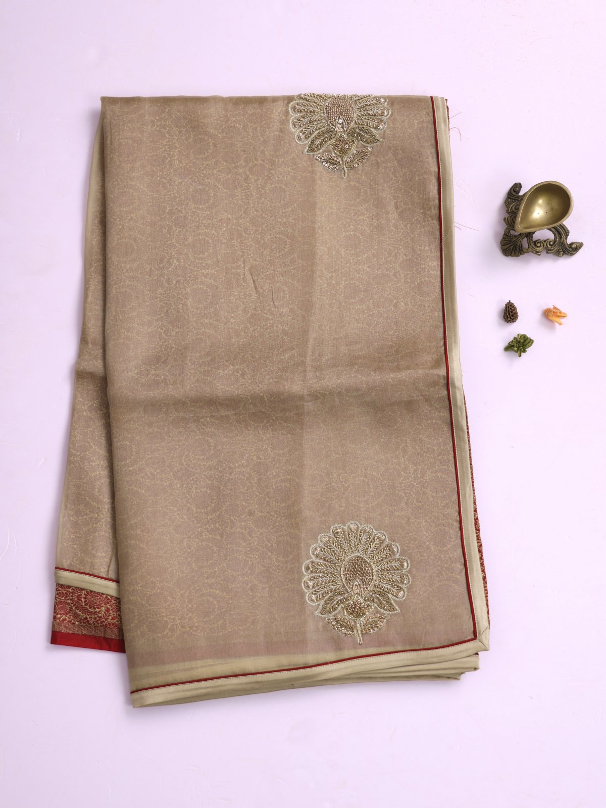 Beige Embroidered Organza Silk Saree