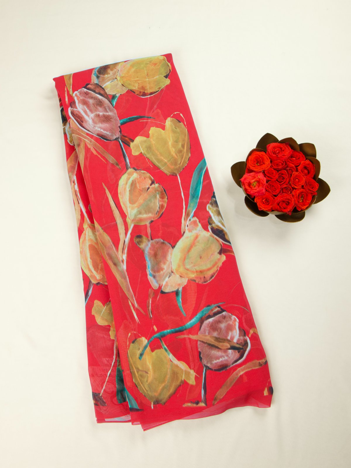 Red Floral Printed georgette Silk Saree