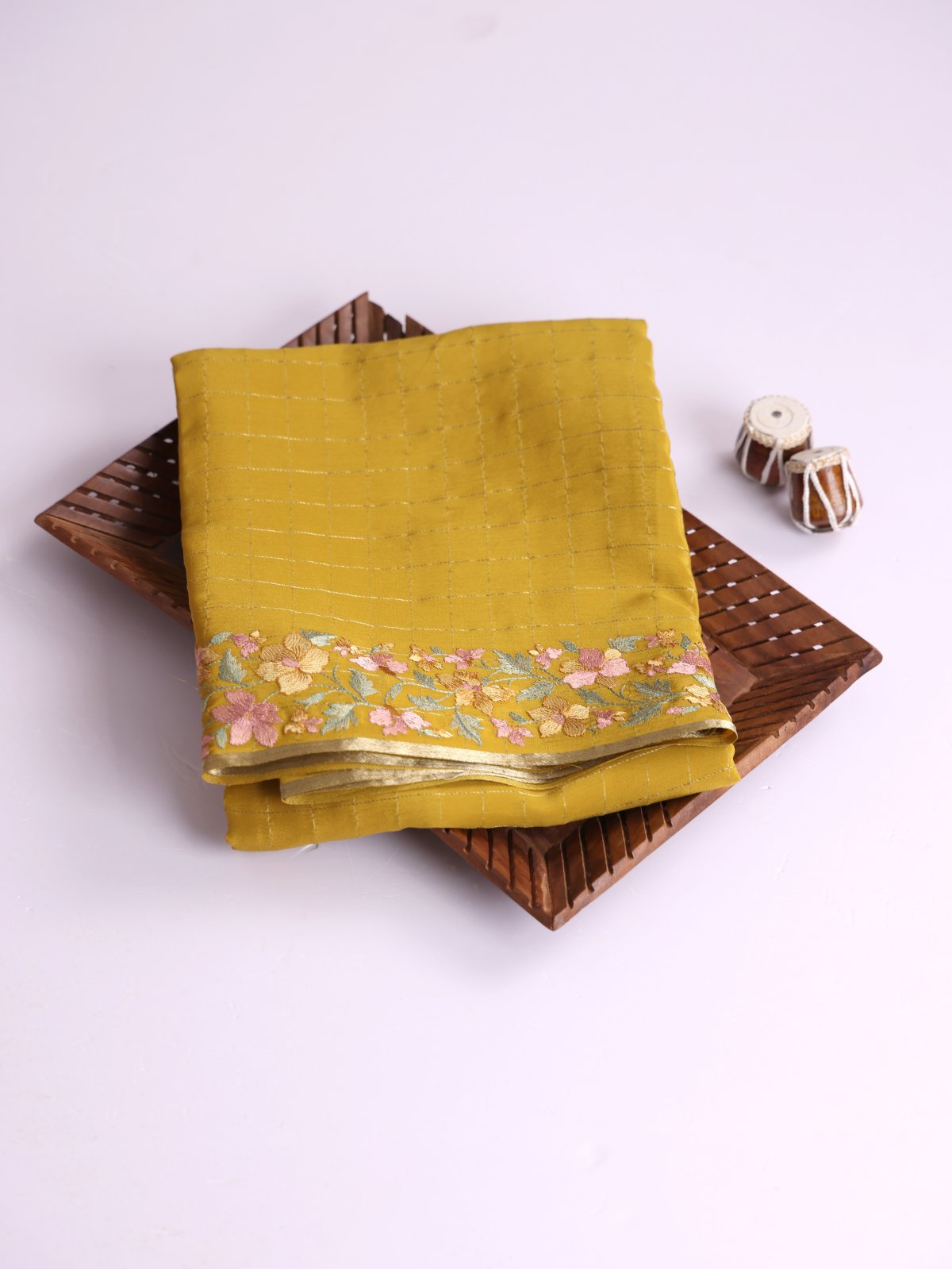 Mustard Yellow Zari Checked Mysore Crepe Silk Saree With Embroidered Border