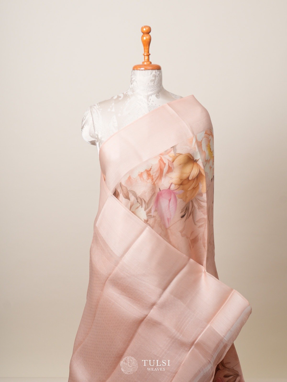 Deep Peach Floral Printed Organza Silk Saree