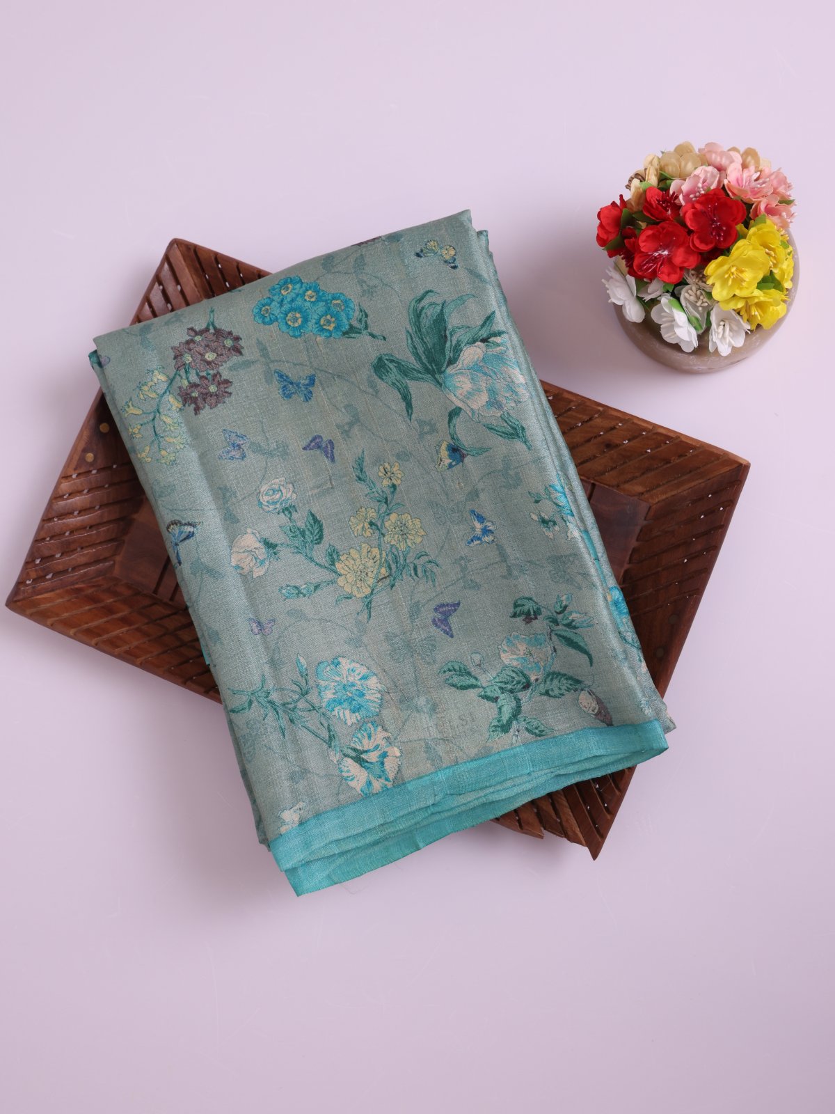 Dusty Greenish Blue Printed Tussar Silk Saree