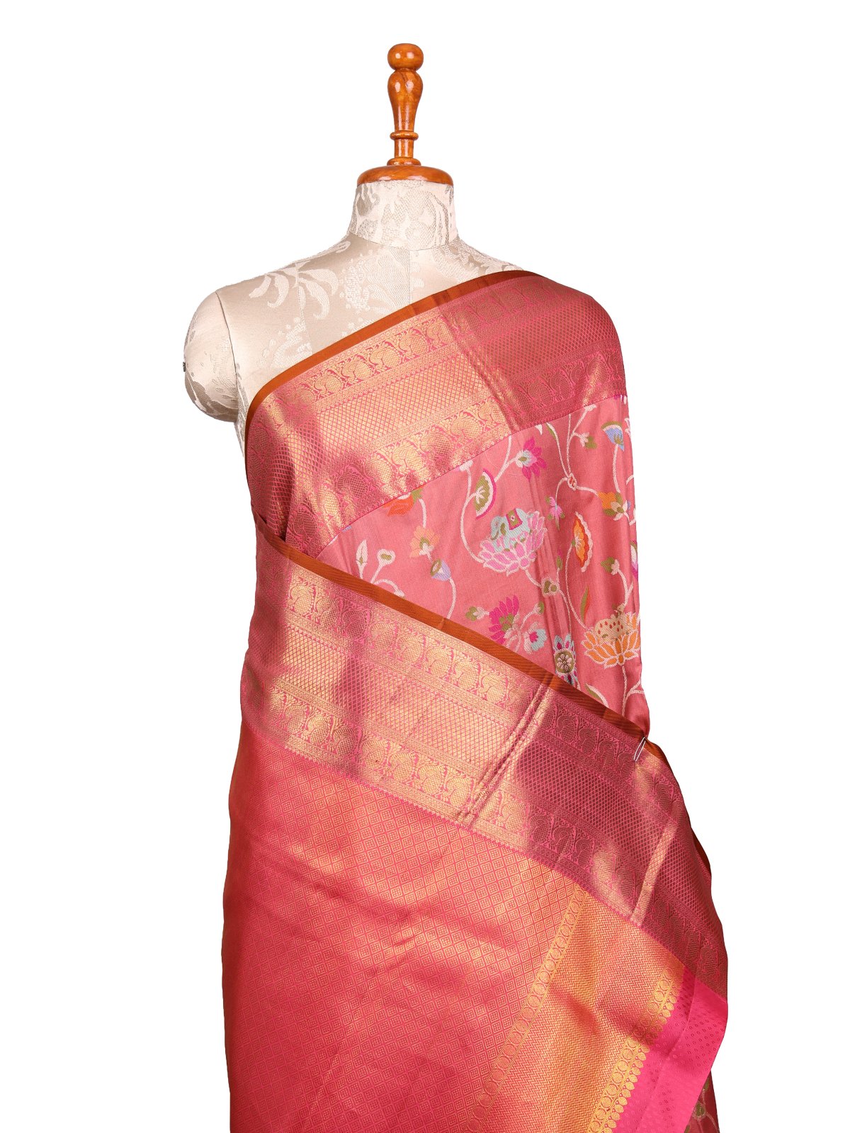 Dusty Pink Banarasi Silk Saree With Pink Kanjeevaram Border