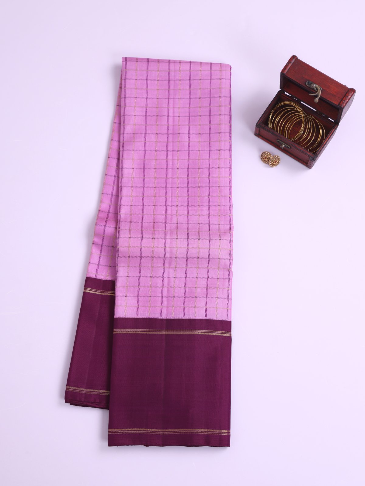 Lavender Pink Checked Kanjeevaram Silk Pavadai With Dark Purple Border