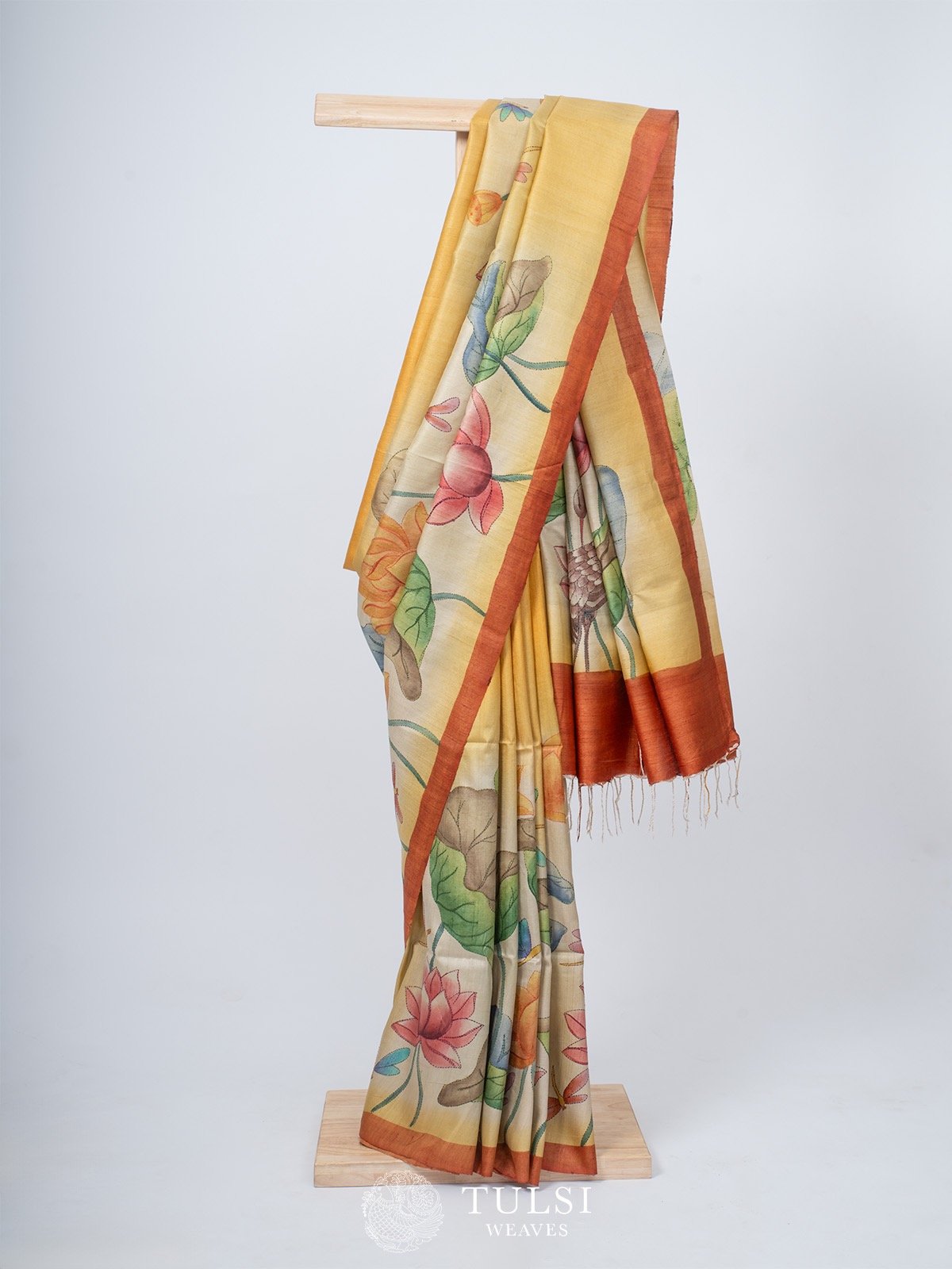 Yellow Handpainted Silk Saree with Kantha work