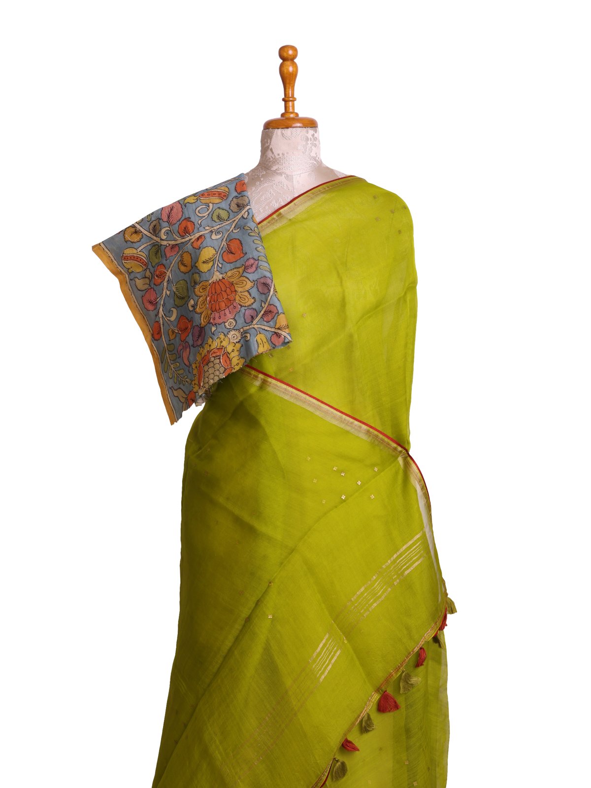 Parrot Green Organza Silk Saree with Kalamkari Blouse