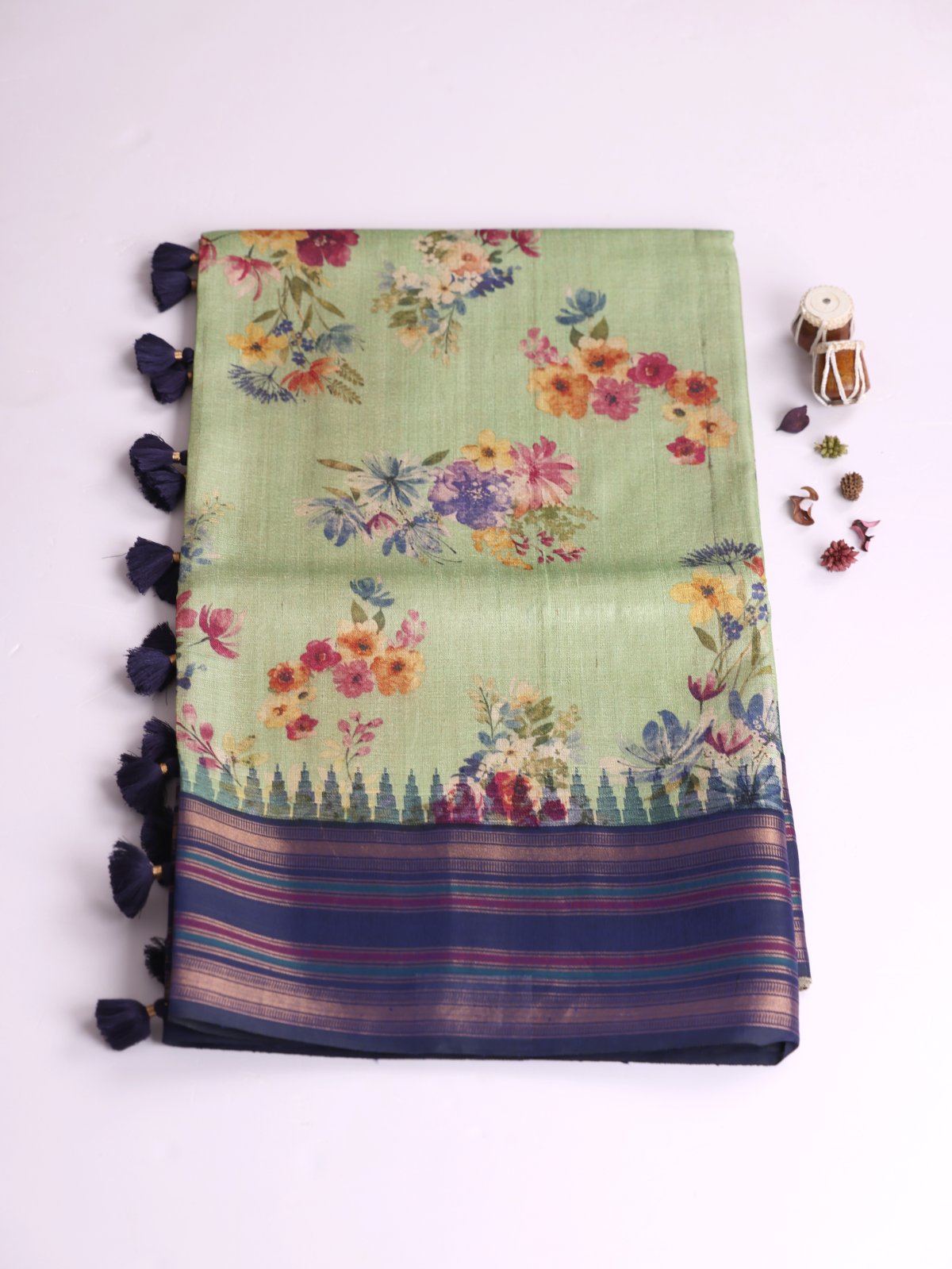 Pastel Green Printed Tussar Silk Saree With Navy Blue Border