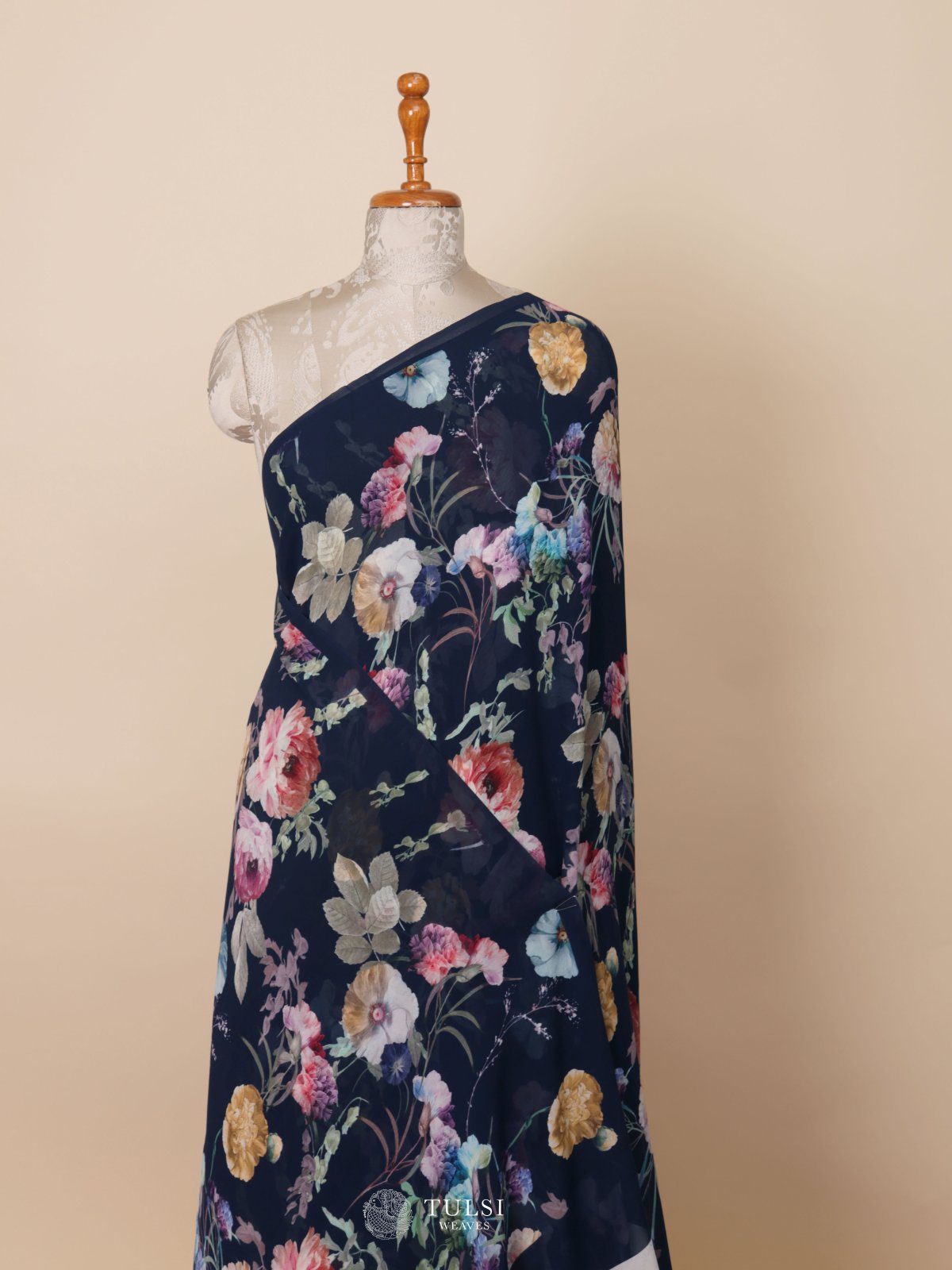 Navy Blue Floral Printed Georgette Silk Saree