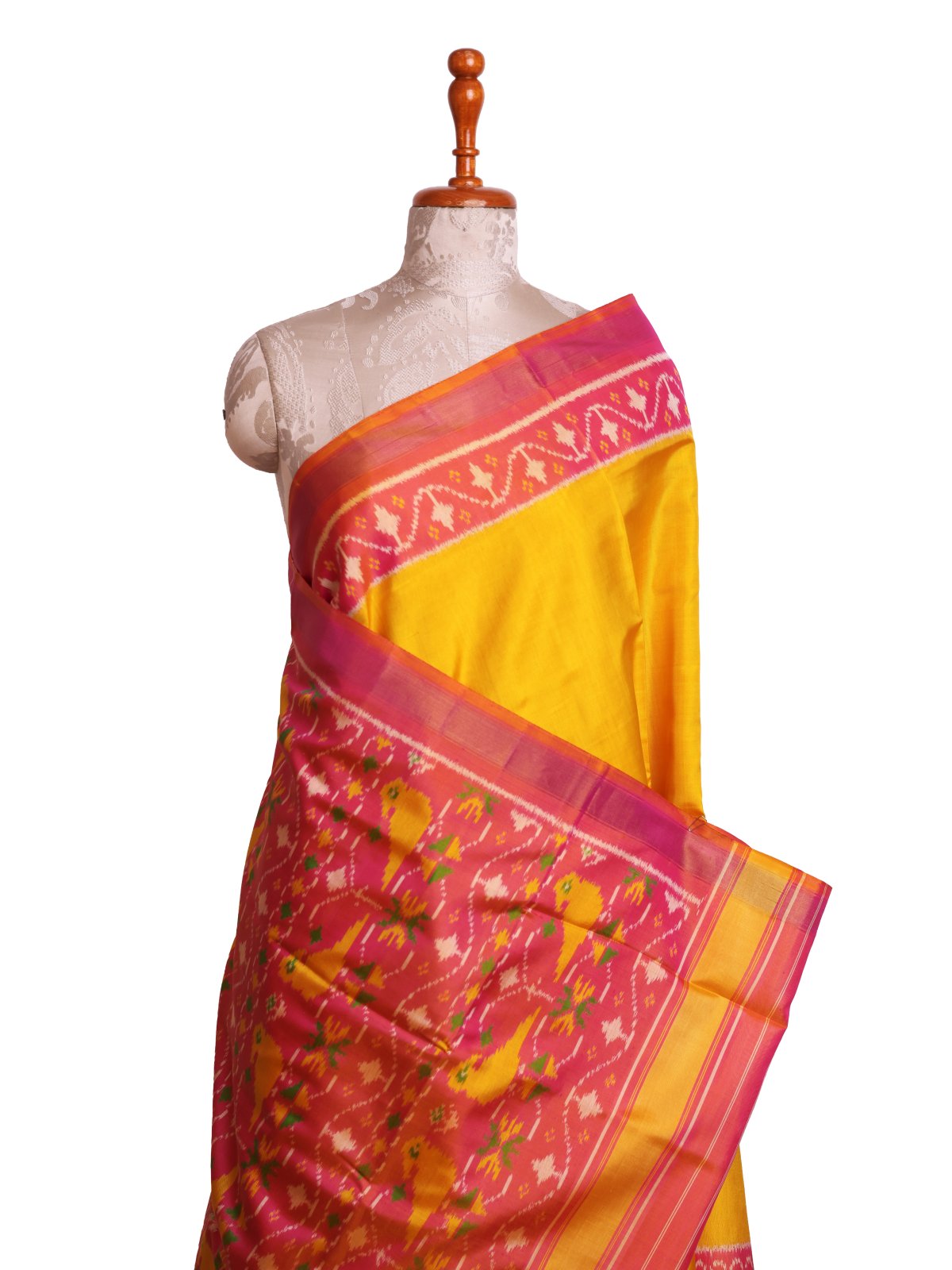 Mango Yellow Patola Silk Saree with Pink Border 