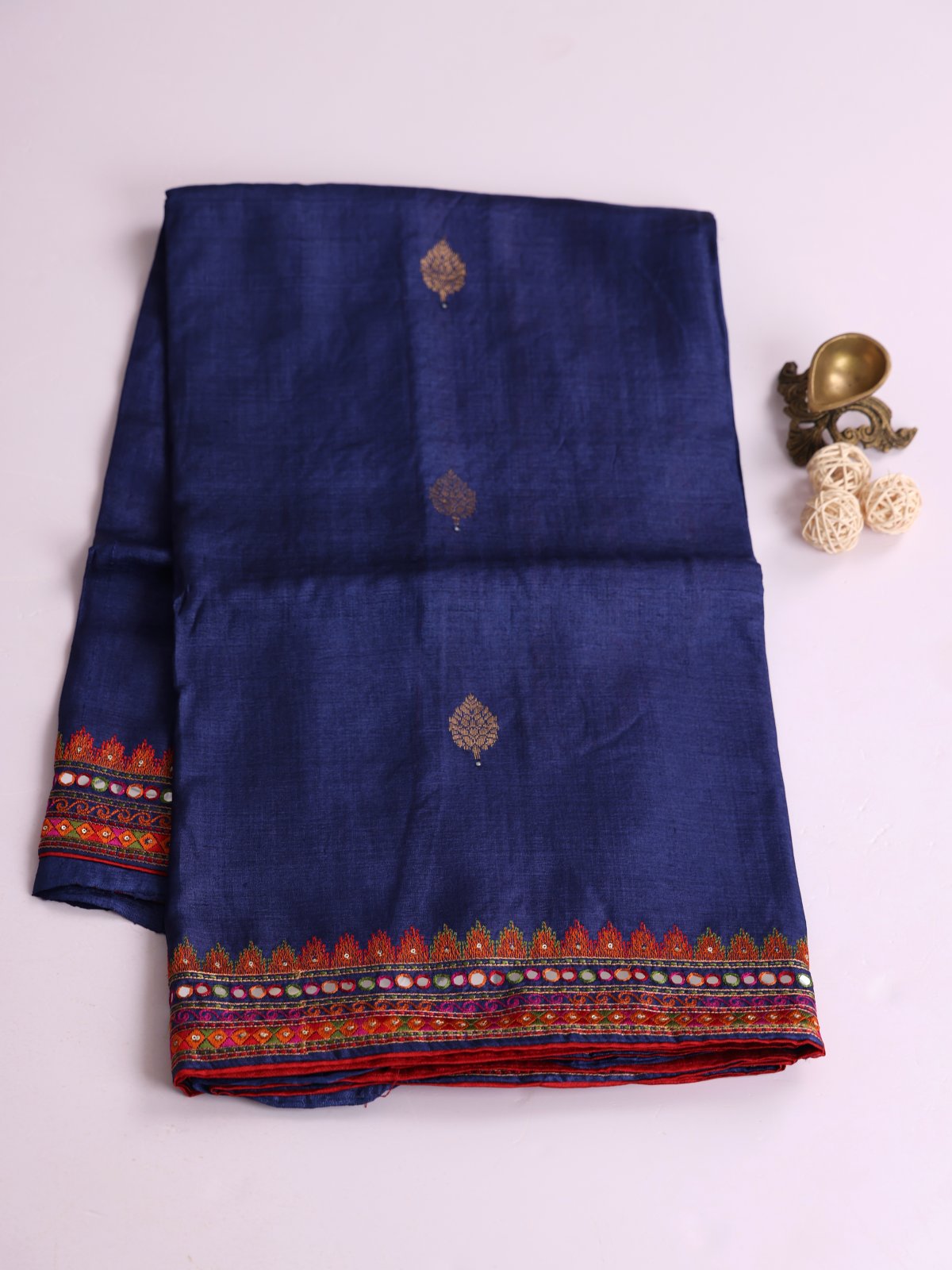 Blue Tussar Silk Saree With Embroidered Border