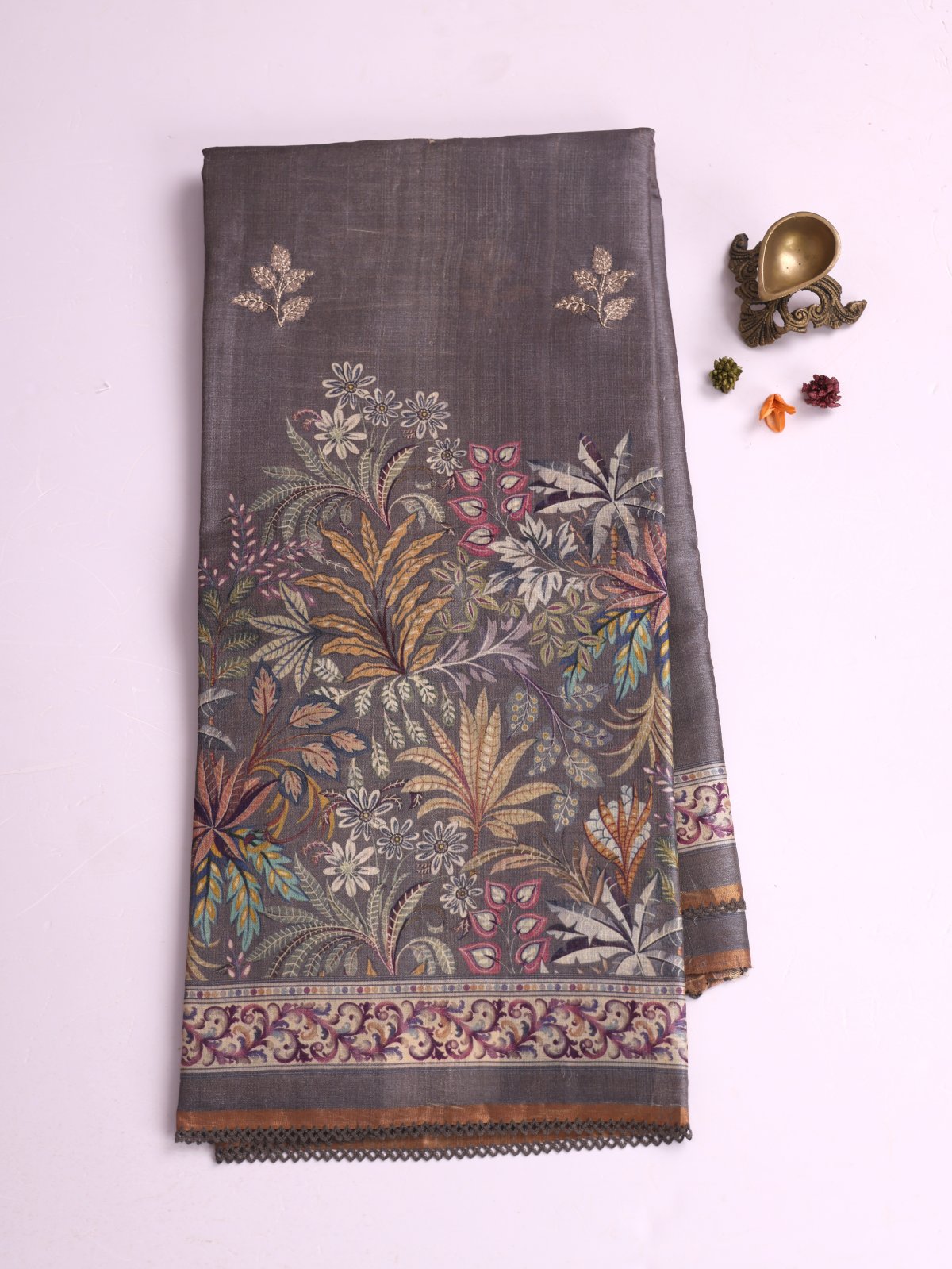 Grey Printed Tussar Silk Saree