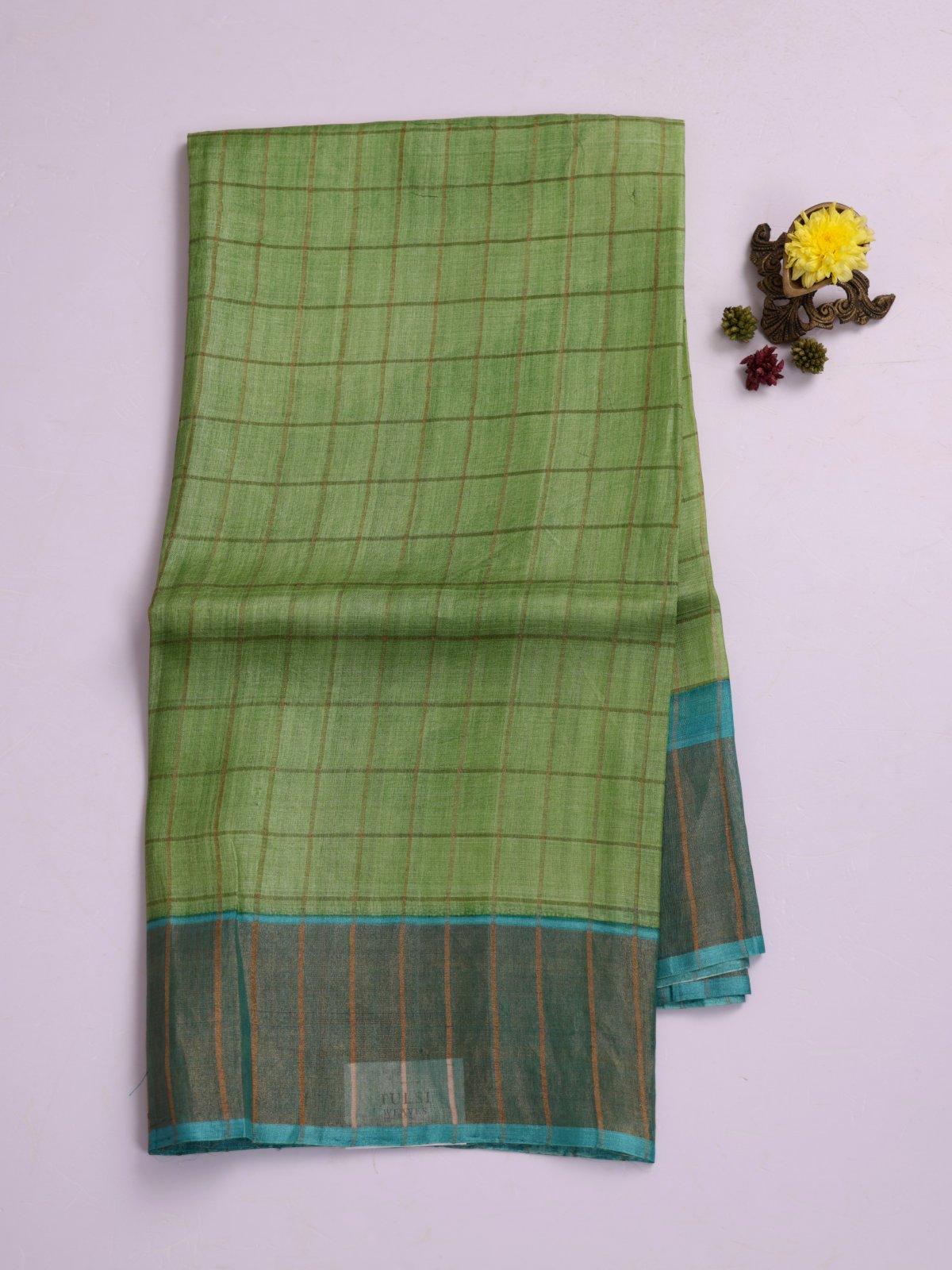 Green Zari Checked Tussar Silk Saree With Teal Printed Blouse