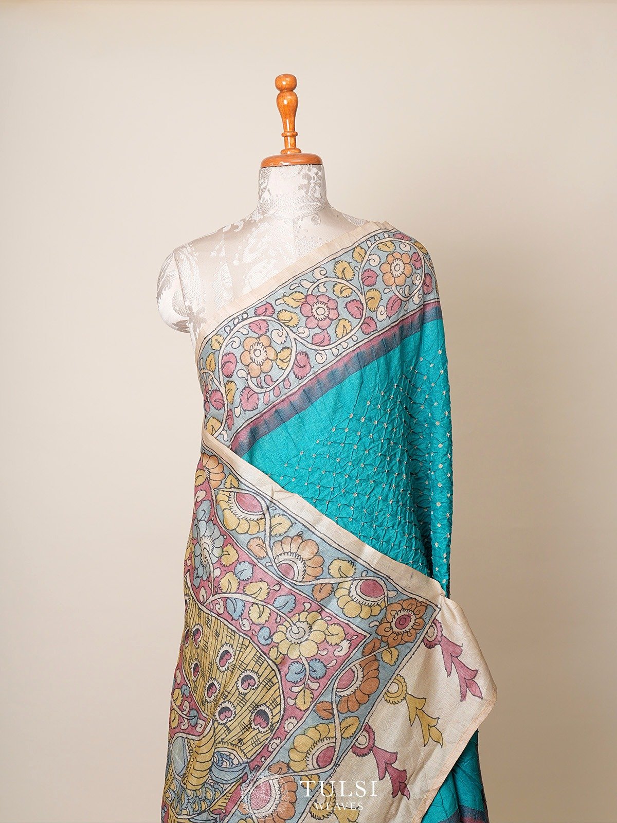 Teal Blue Bandhini Tussar Silk Saree with Kalamkari Print