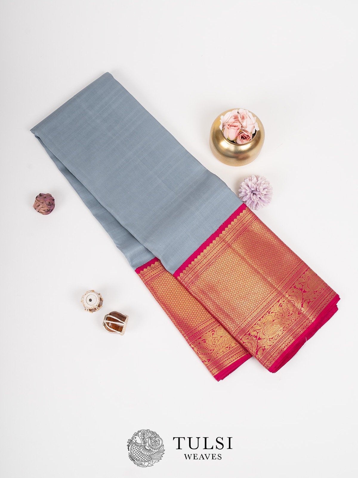 Steel Grey Kanjeevaram Silk Saree with Rani Pink Border