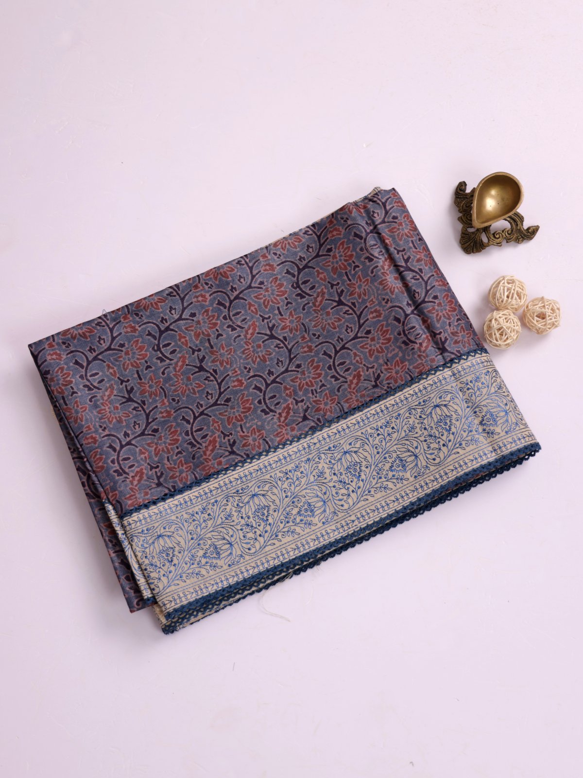 Dusty Blue Ajrakh Printed Munga Tussar Silk Saree With Embroidery