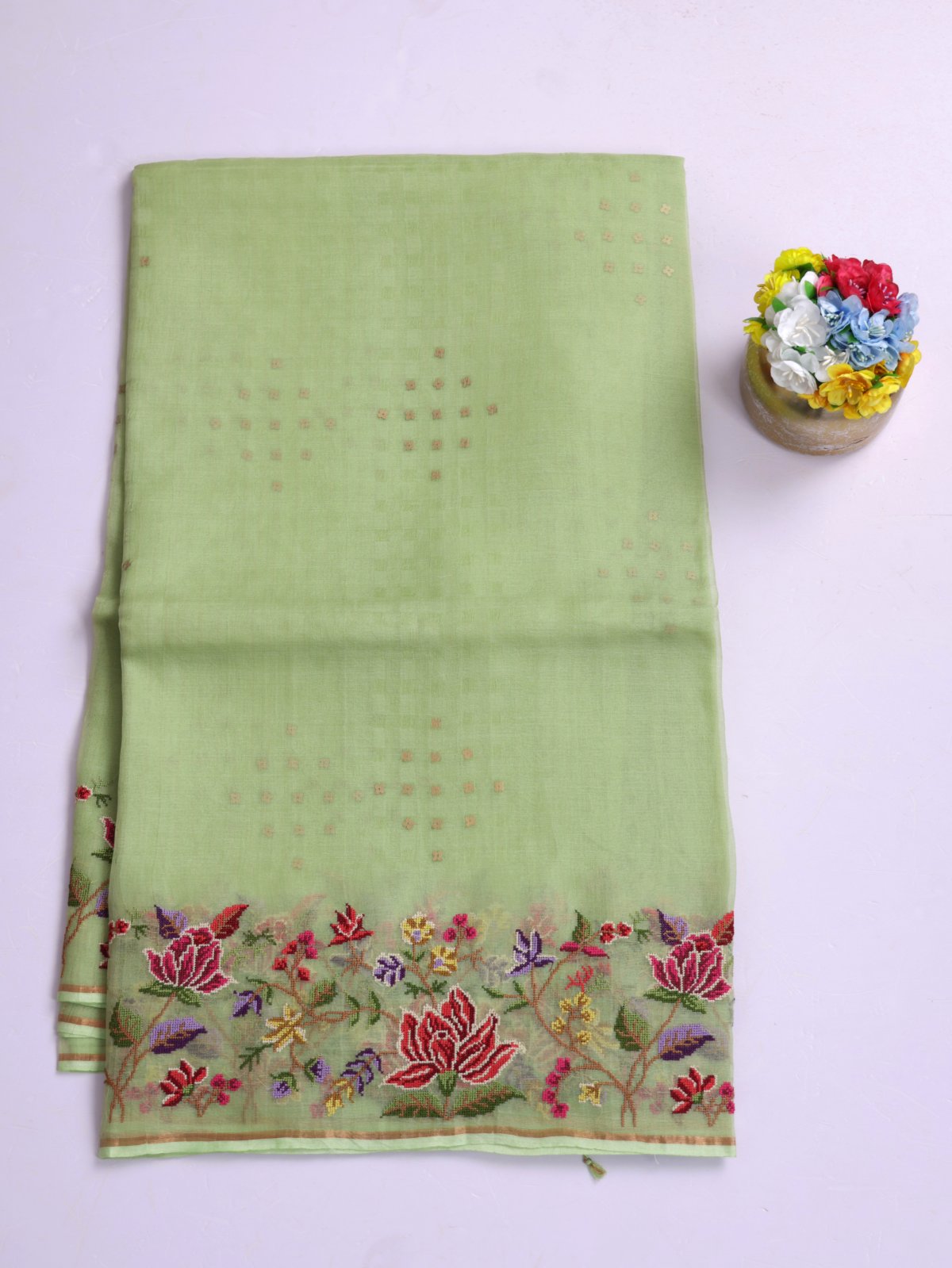 Pastel Green Organza Silk Saree With Cross-Stitch Embroidered Border