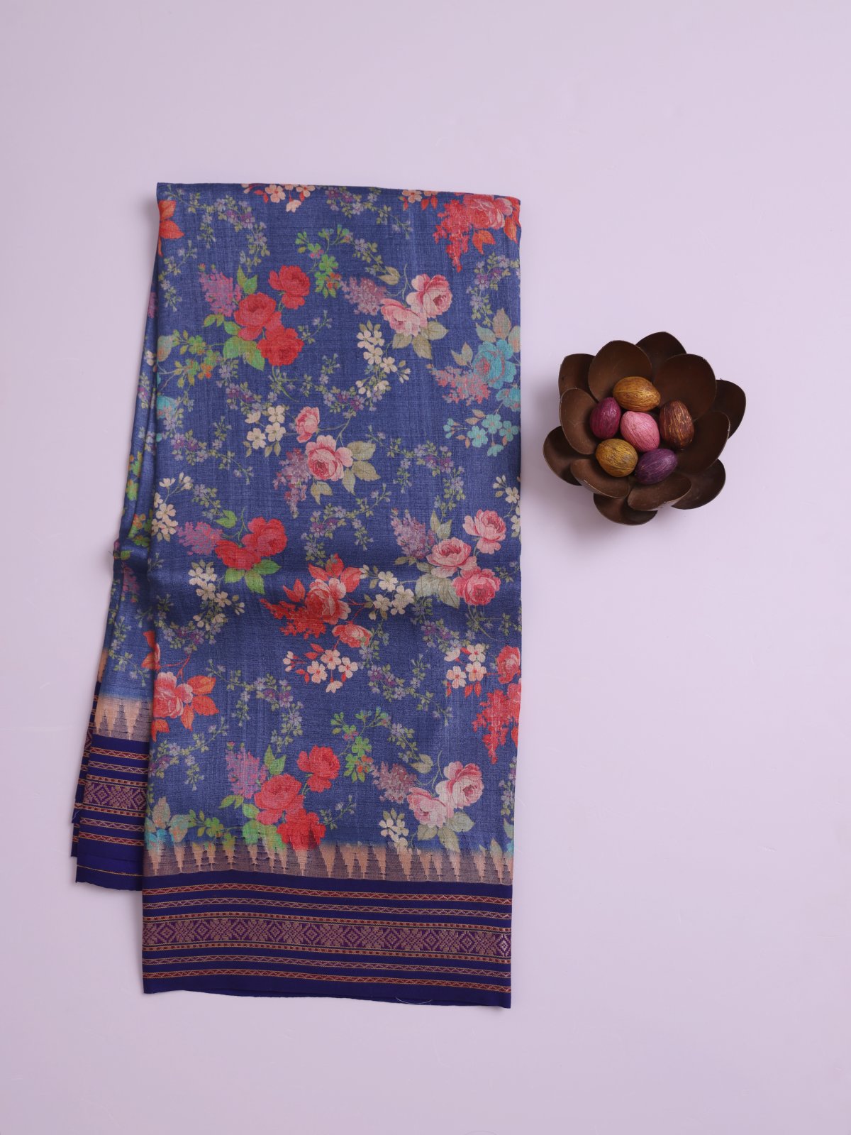 Blue Printed Tussar Silk Saree with Navy Vidarbha Border