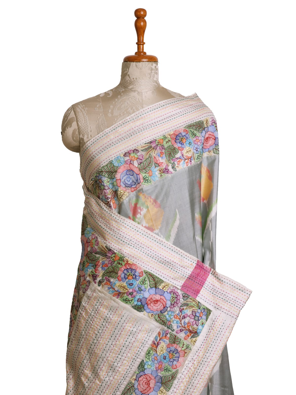 Light Grey Patola Silk Saree with Shadow Embroidered Border