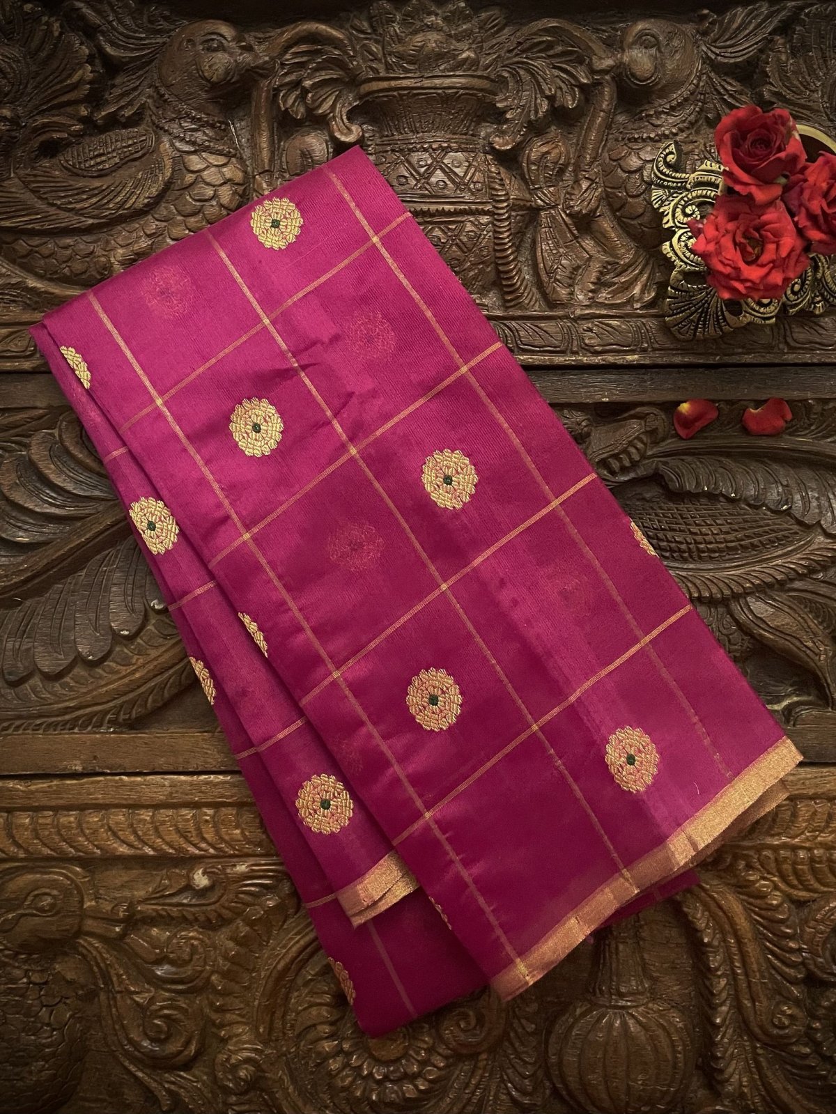 Bright Pink Chanderi Silk Blouse With Gold Zari Checks and Motifs