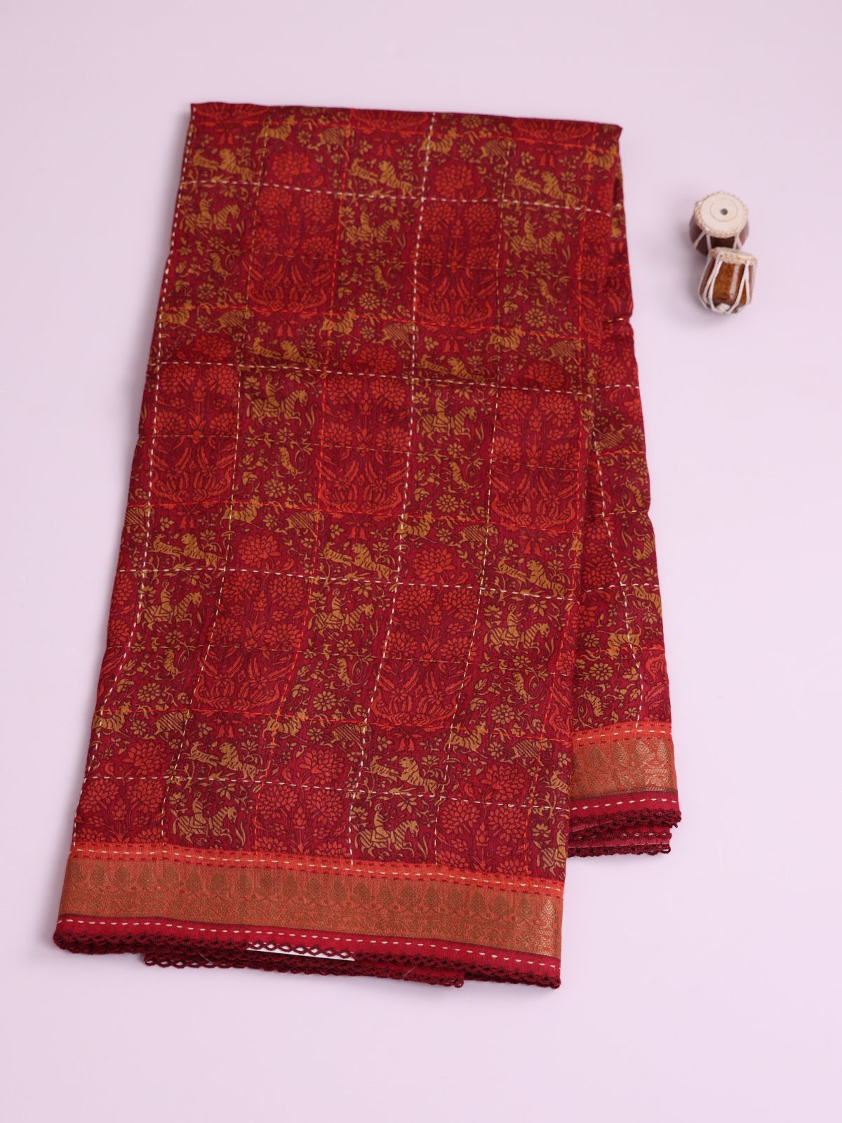 Maroon Printed Munga Silk Saree With Kantha Embroidery