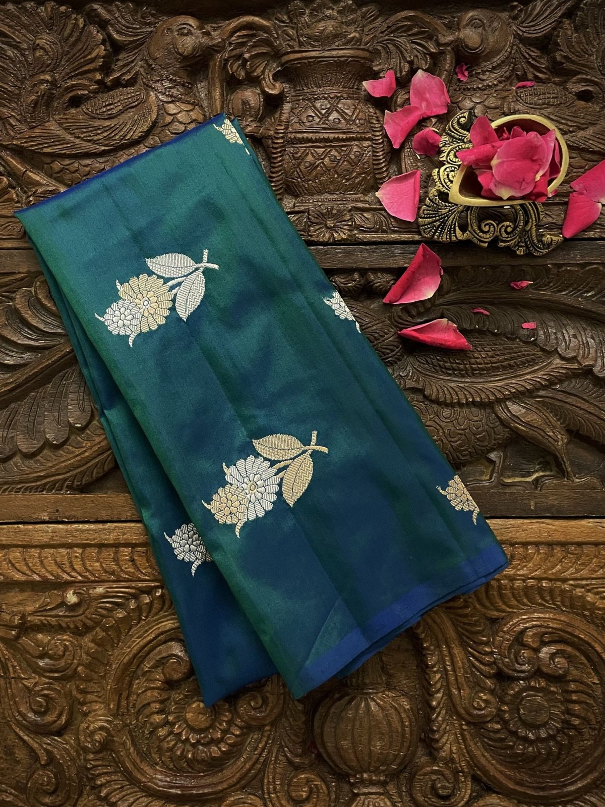 Blue-Green Banaras Silk Blouse With Gold and Silver Zari Floral Butties
