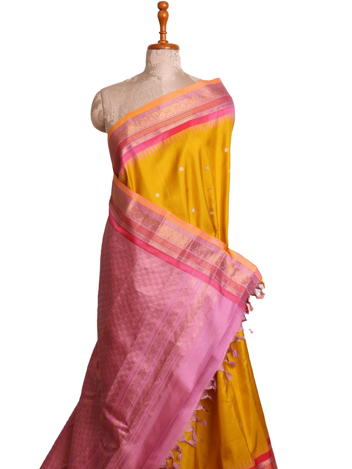 Mustard Yellow Gadwal Silk Saree With Pink Border