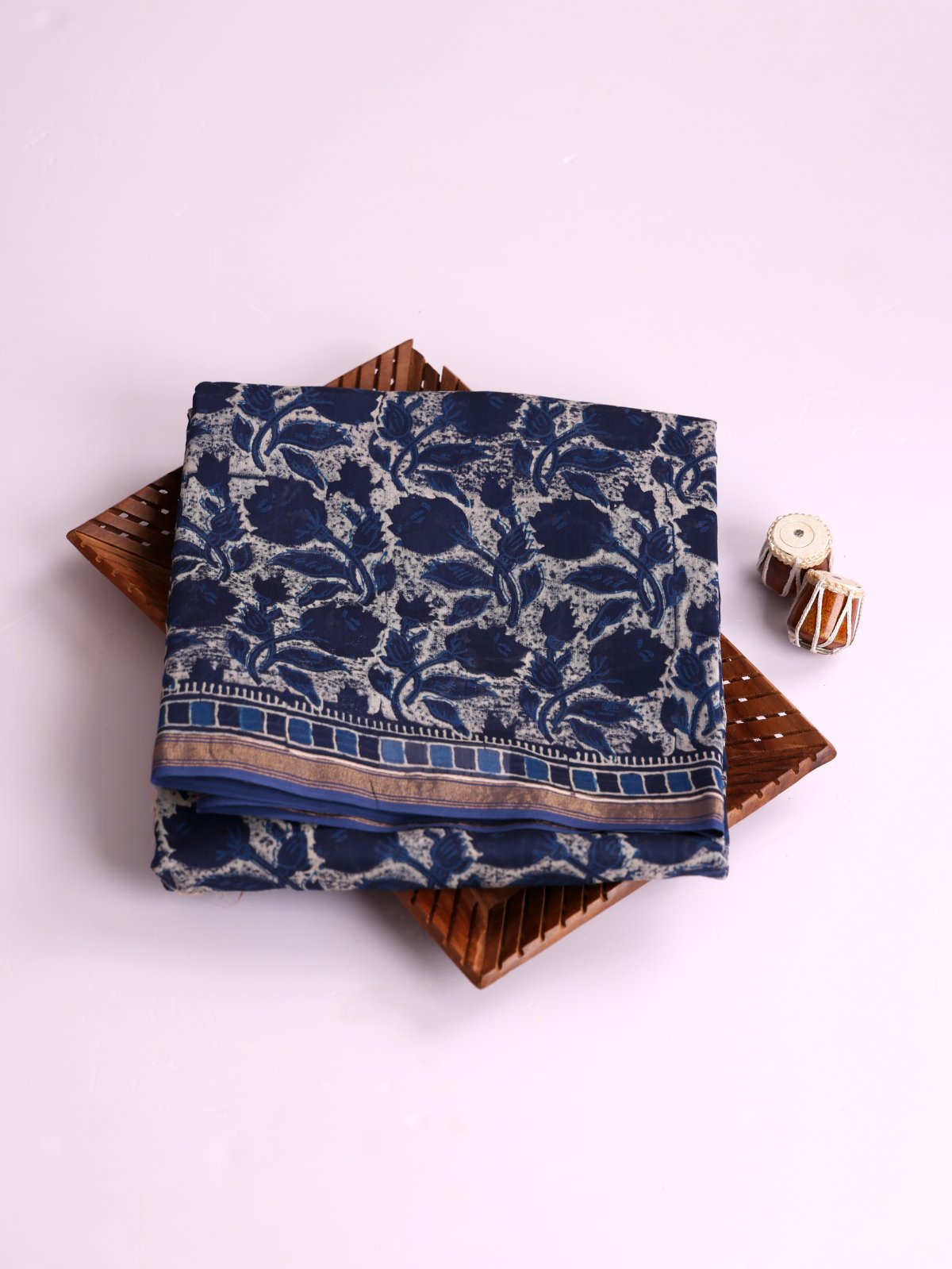 Greige Printed Chanderi Cotton Saree With Indigo Zari Border