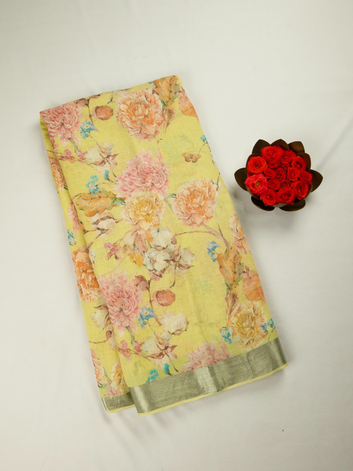 Light Yellow Floral Prints Linen Saree 