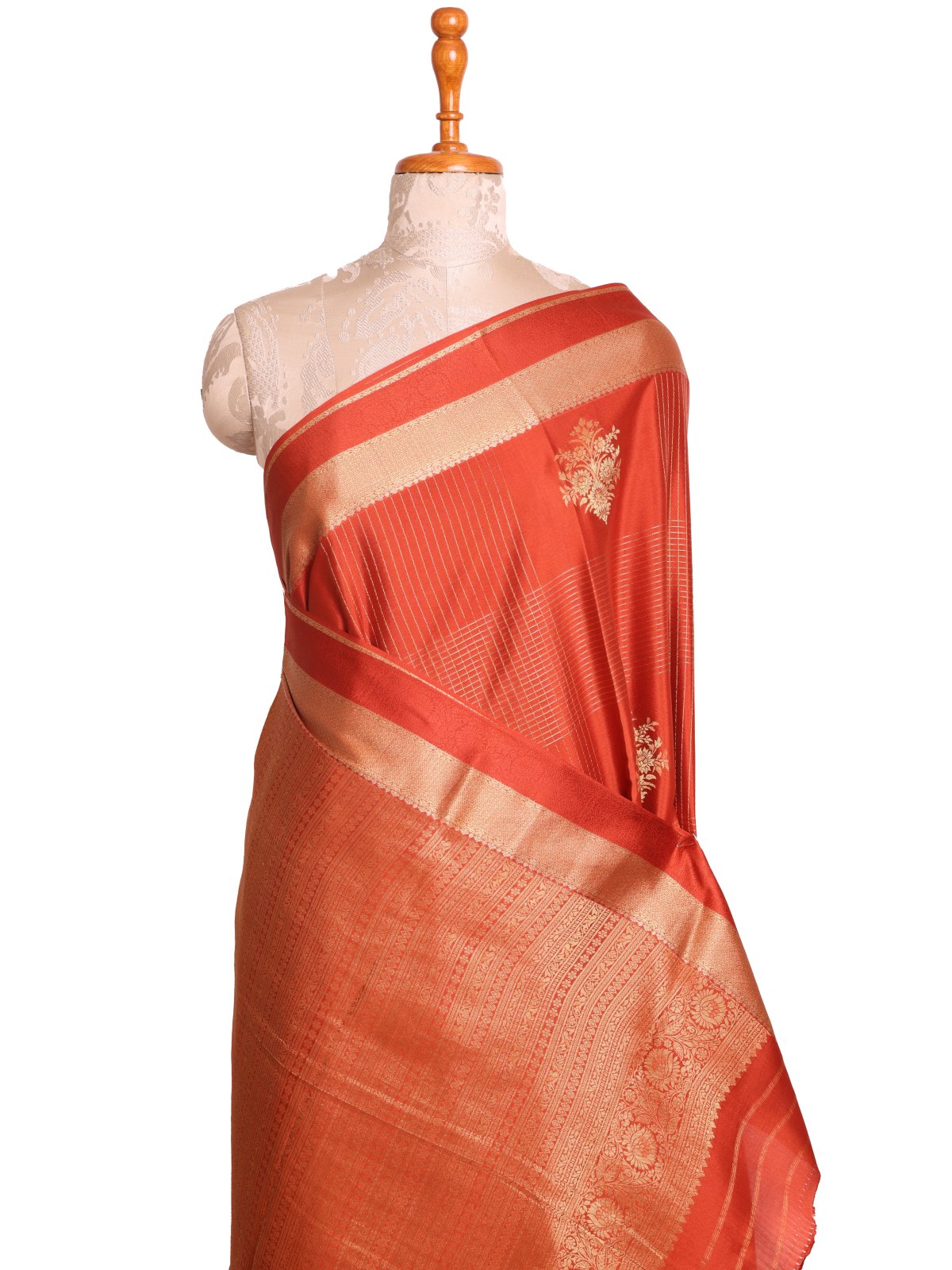 Rust Orange Checked Mysore Silk Saree