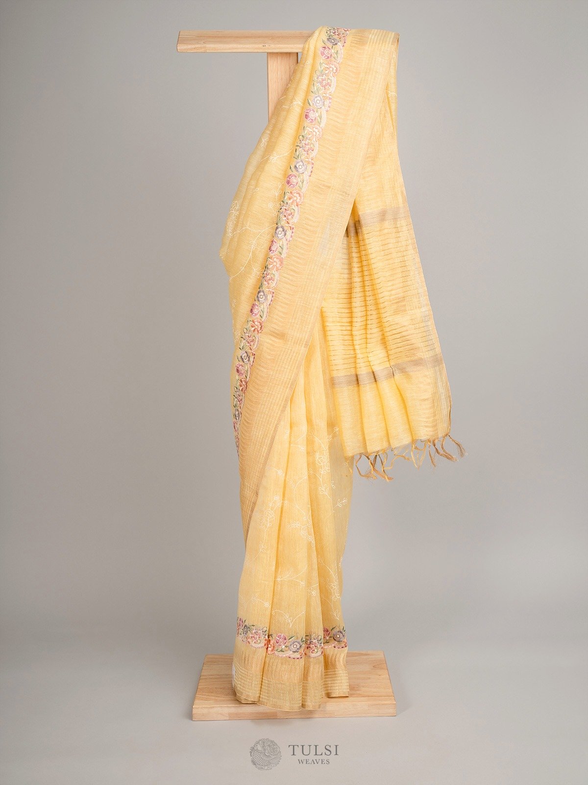 Yellow Linen Silk Saree With Floral Embroidery 