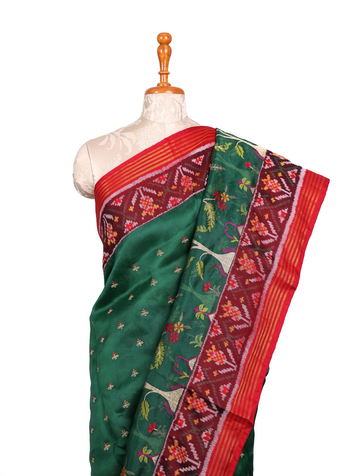 Green Embroidered Organza Silk Saree With Red Patola Border