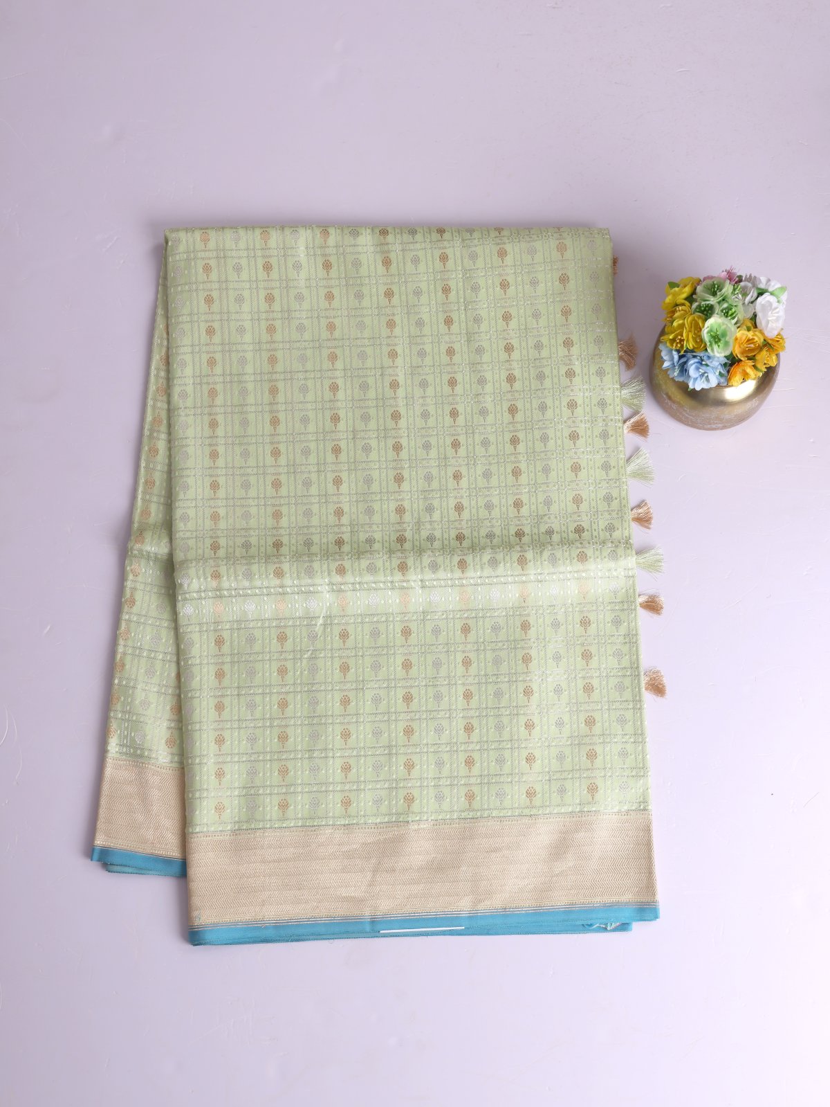 Light Green Zari Checked Mashru Silk Saree With Zari Border