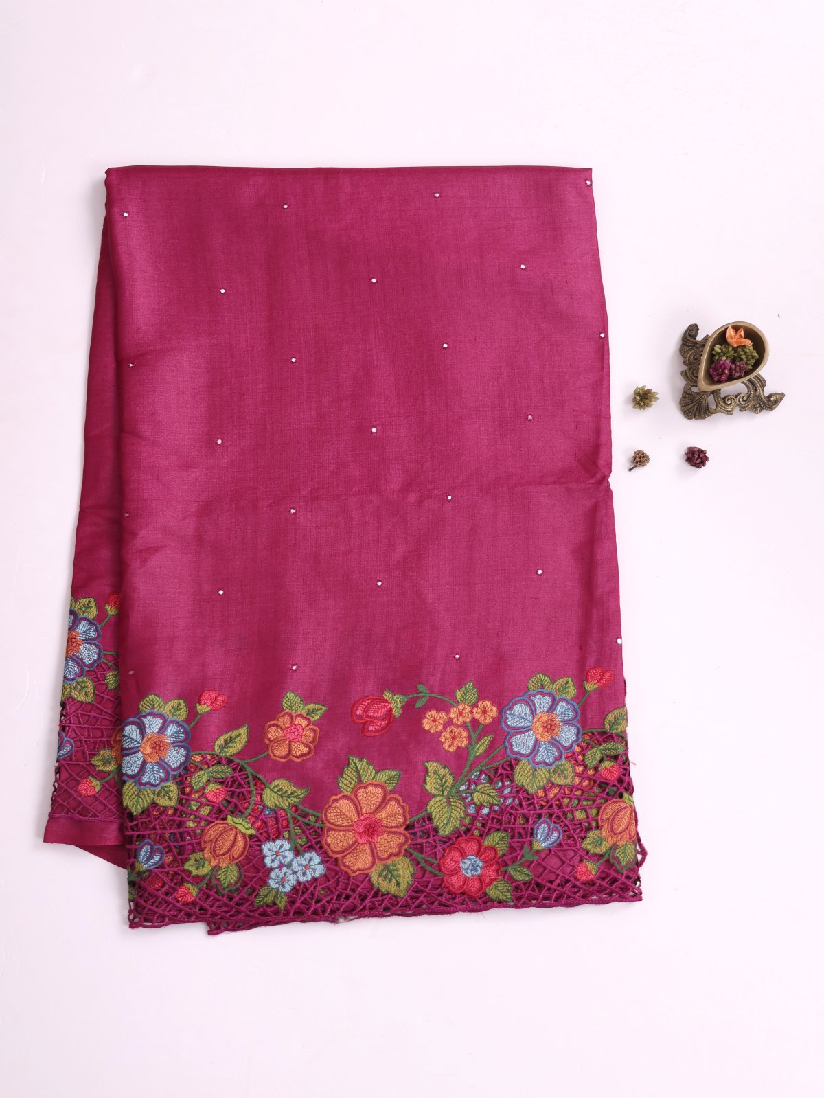 Magenta Tussar Silk Saree With Embroidered Cutwork Border