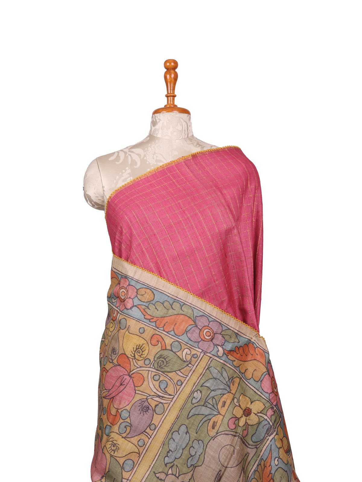 Pink Zari Checked Tussar Silk Saree With Kalamkari Blouse