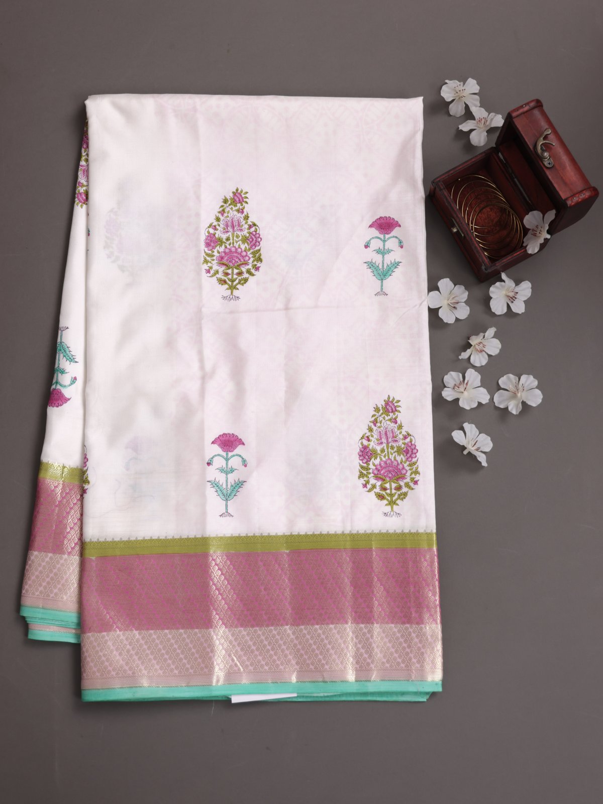 White Block Printed Kanjeevaram Silk Saree With Light & Dark Pink Zari Border