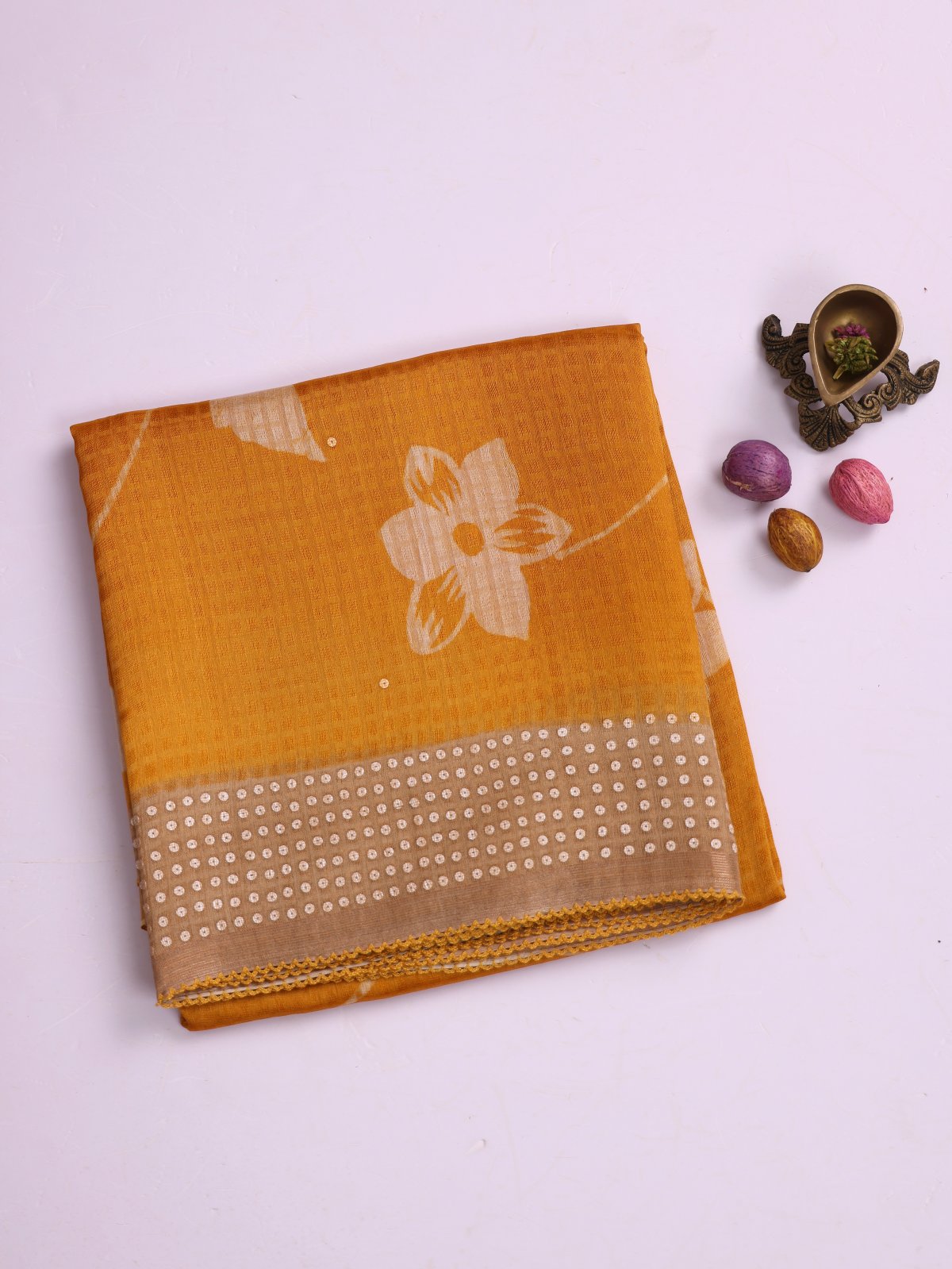Mustard Yellow Printed Organza Silk Saree With Sequins Border