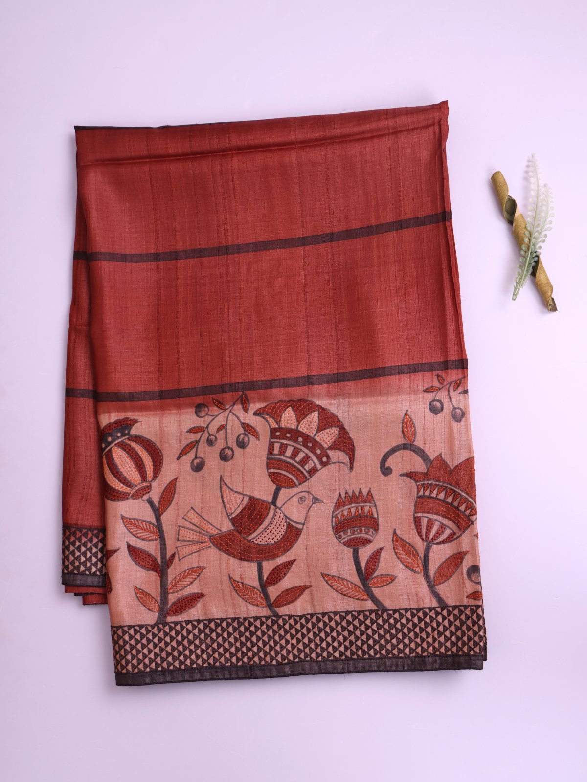Rust Tussar Silk Saree with Kantha Embroidery