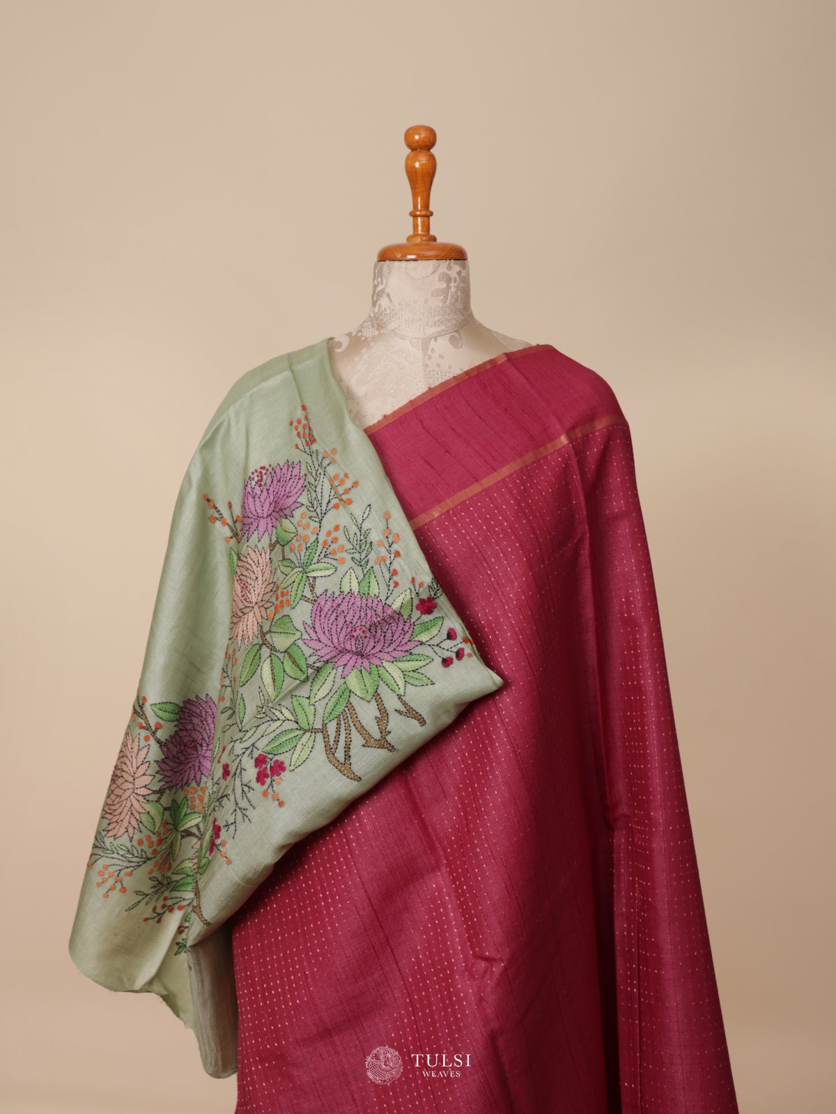 Magenta Pink Tussar Silk Saree with Kantha Embroidery