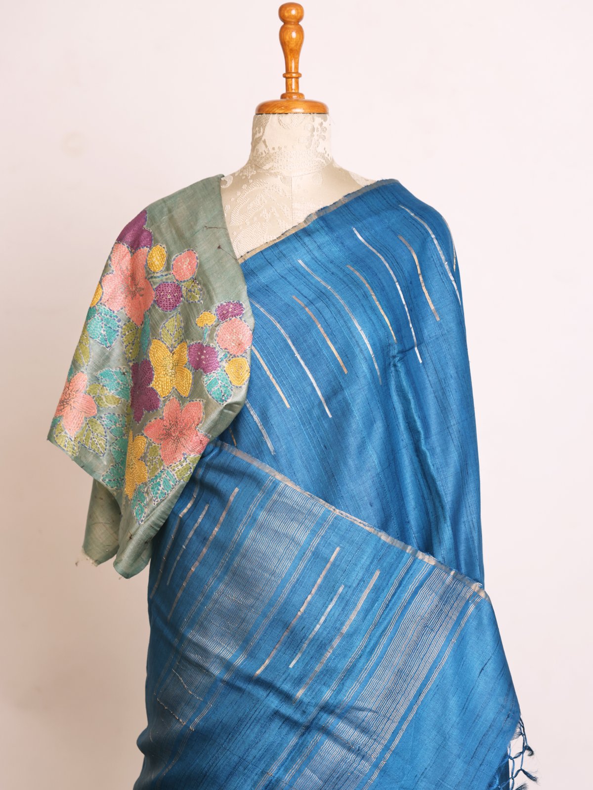 Blue Tussar Silk Saree With Embroidered Blouse